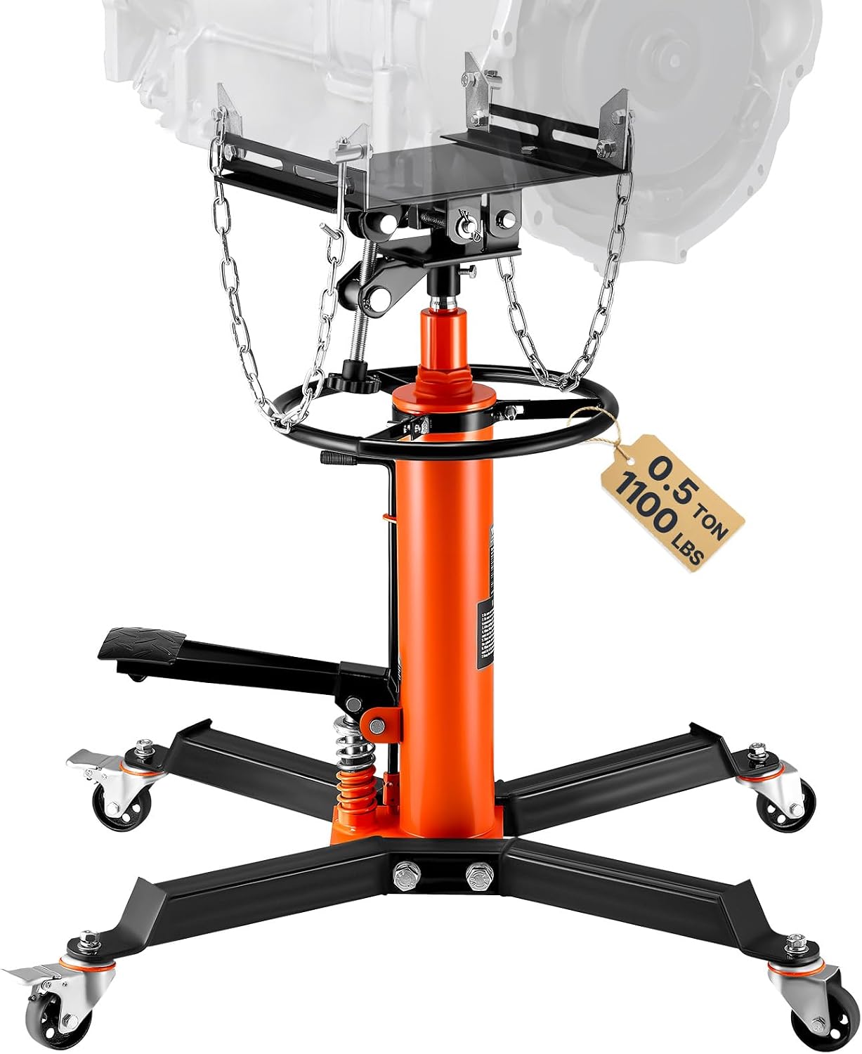 VEVOR Transmission Jack,1/2Ton/1100lbs Capacity Hydraulic Telescopic Transmission Jack, 2-Stage with Foot Pedal, 360° Swivel Wheel, Garage/Shop Lift Hoist, Orange