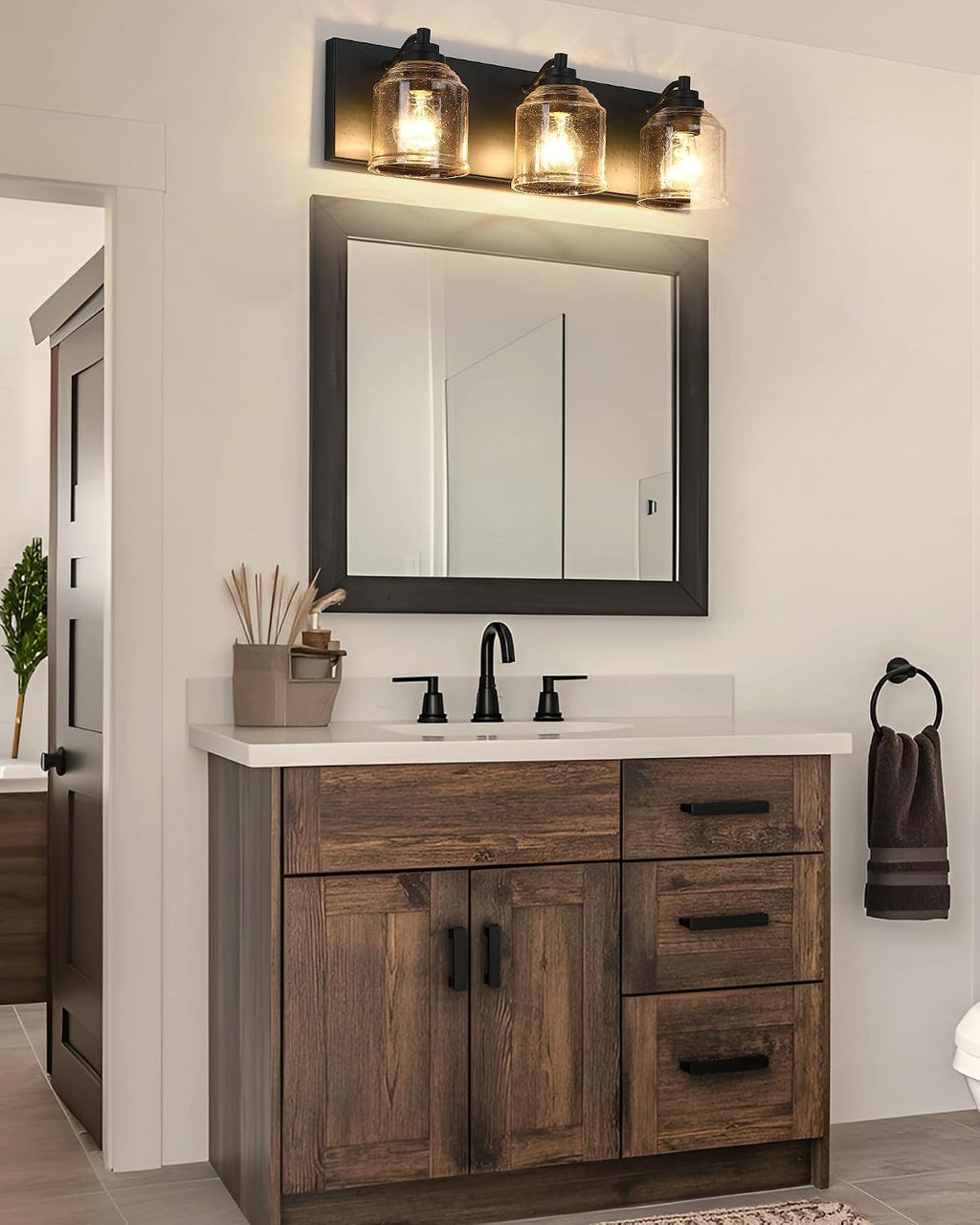 3-Light Bathroom Vanity Light Large 23', Farmhouse Rustic Vanity Lights for Bathroom, Black Bathroom Light Fixtures Over Mirror with Bubble Glass Shades, Metal Wall Sconce Home Decor