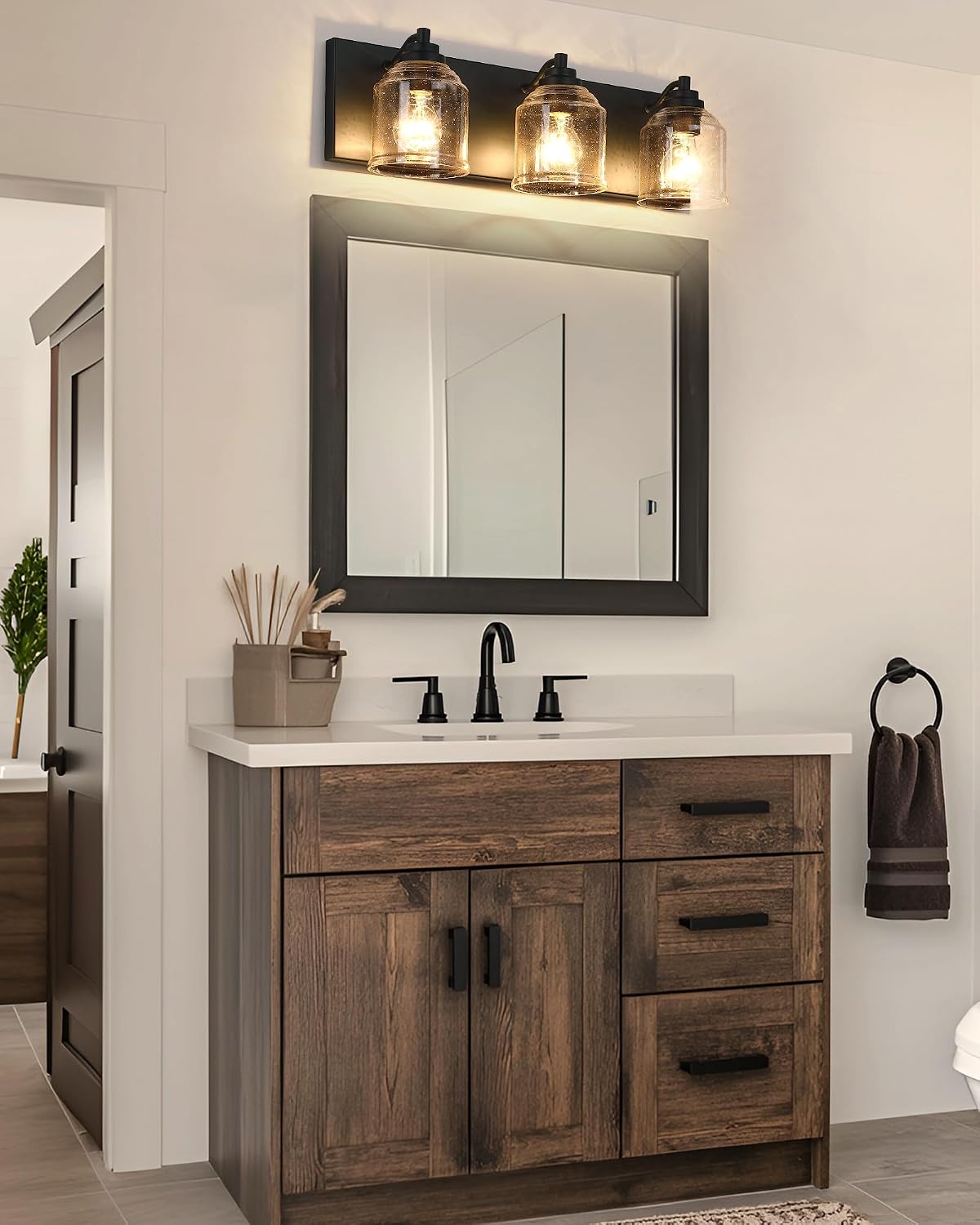 3-Light Bathroom Vanity Light Large 23', Farmhouse Rustic Vanity Lights for Bathroom, Black Bathroom Light Fixtures Over Mirror with Bubble Glass Shades, Metal Wall Sconce Home Decor