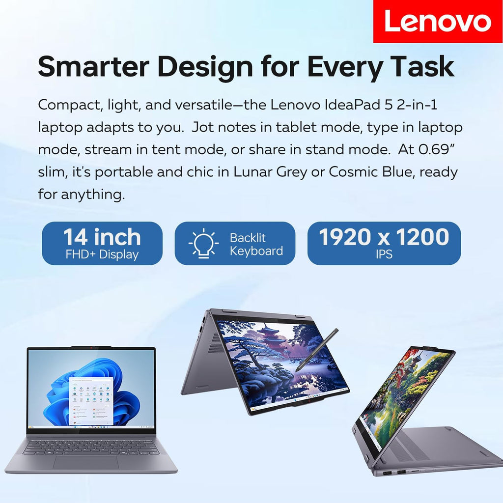 Lenovo IdeaPad 5 AI-Powered Premium 2-in-1 Laptop, 14' FHD+ Touchscreen, Ultra 7 255U, 16GB Onboard RAM, 1TB SSD, Wi-Fi 6, Win11 Pro, Backlit, Thin & Quiet Design, Bundle with PCO Laptop Cooler