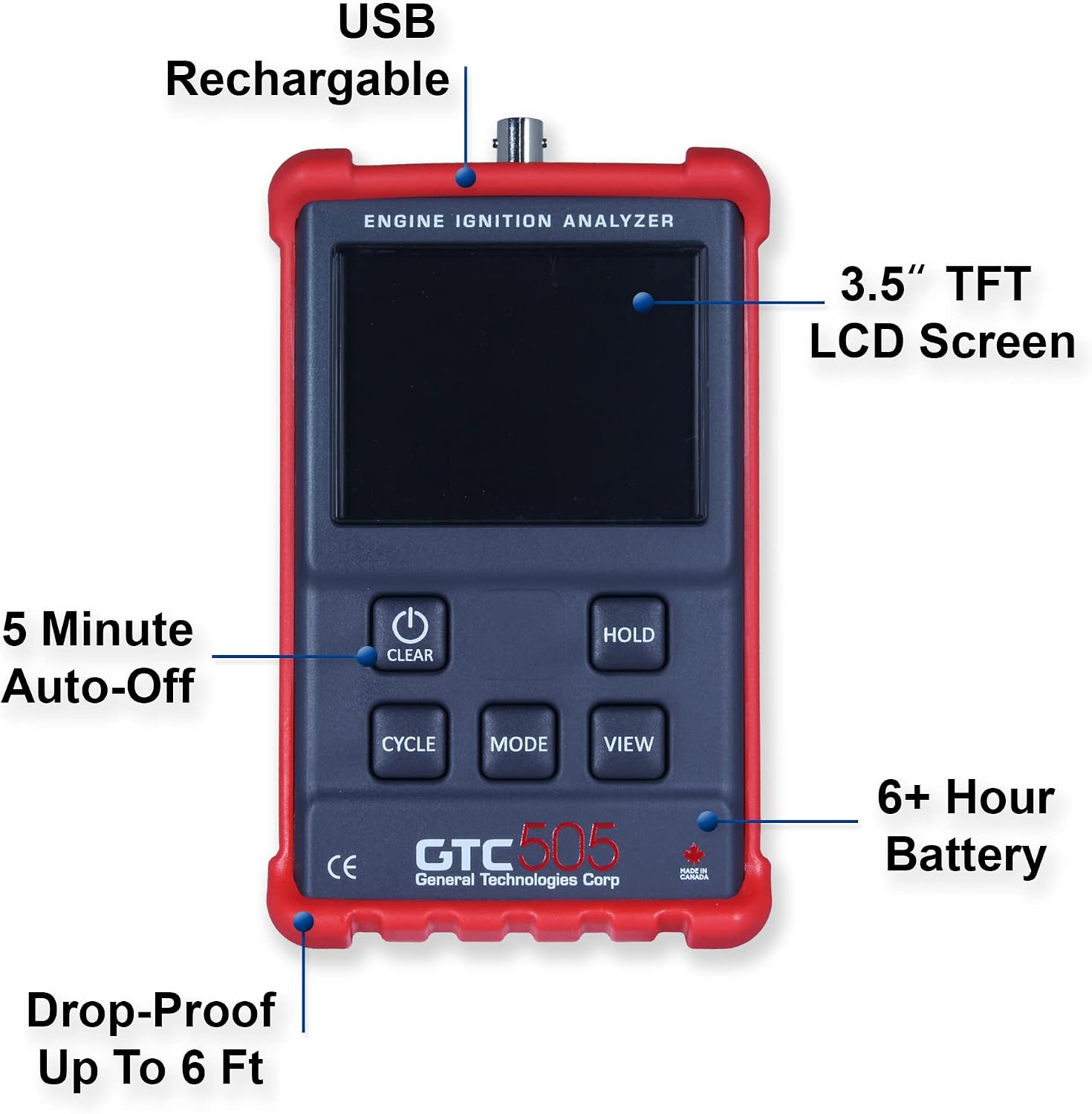 GTC505 Engine Ignition Analyzer - Spark Diagnostics and Tachometer Readings for Marine, Motorcycle, and Automotive Mechanics by GTC, General Technologies Corp