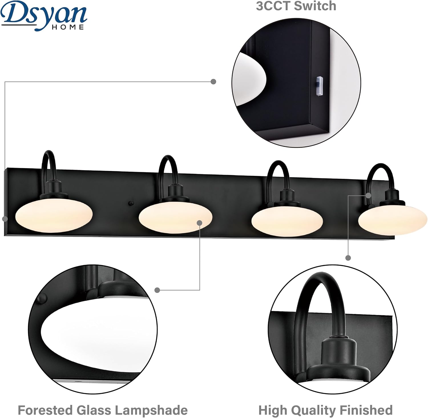 Matt Black LED Vanity Light Fixture - 4-Light Wall Sconce for Bathroom Over Mirror, Modern Hallway Cloakroom Lighting, 3000K-6000K Selectable, Dimmable