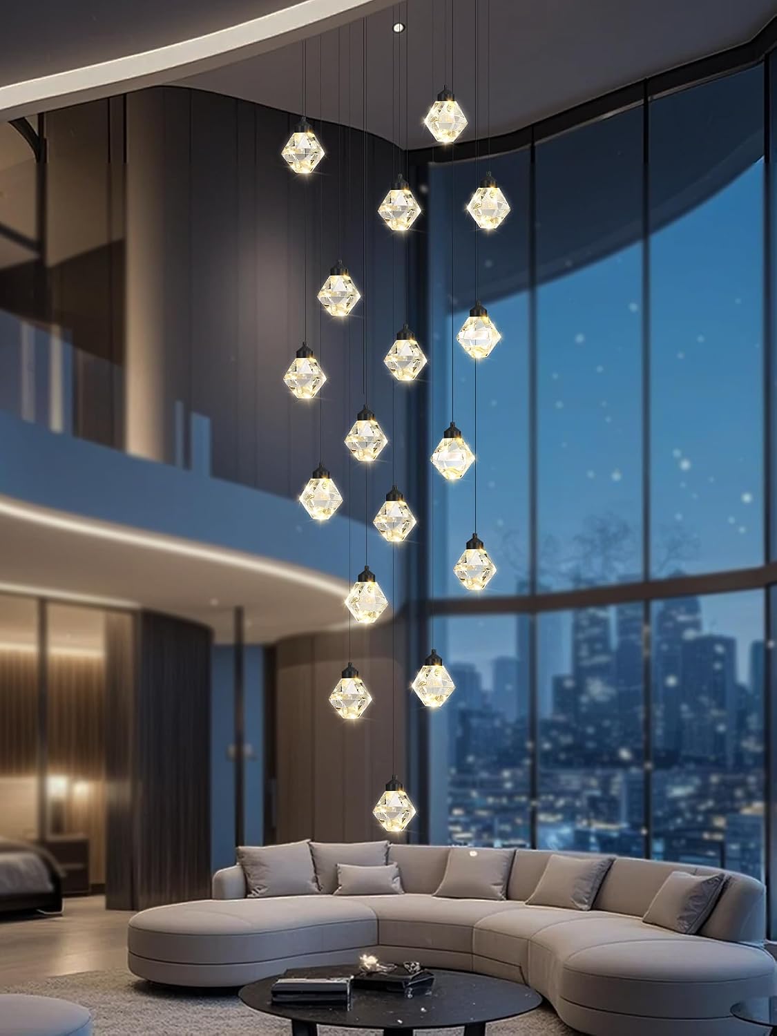 20-Light Chandelier Staircase Chandeliers for High Ceilings Crystal Chandeliers for Living Room Black Pendant Light Fixture Dimmable LED Hanging Light with Remote