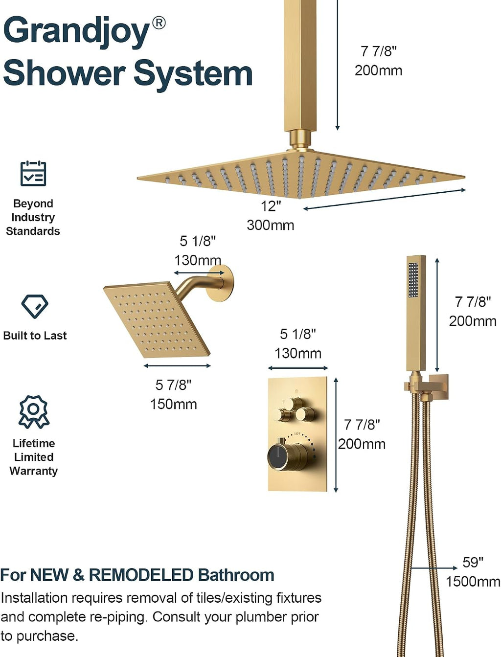 Thermostatic Shower System, 12 Inch Dual Rainfall Shower Heads for Ceilling & Wall Mounted with Handheld Sprayer, Brushed Gold