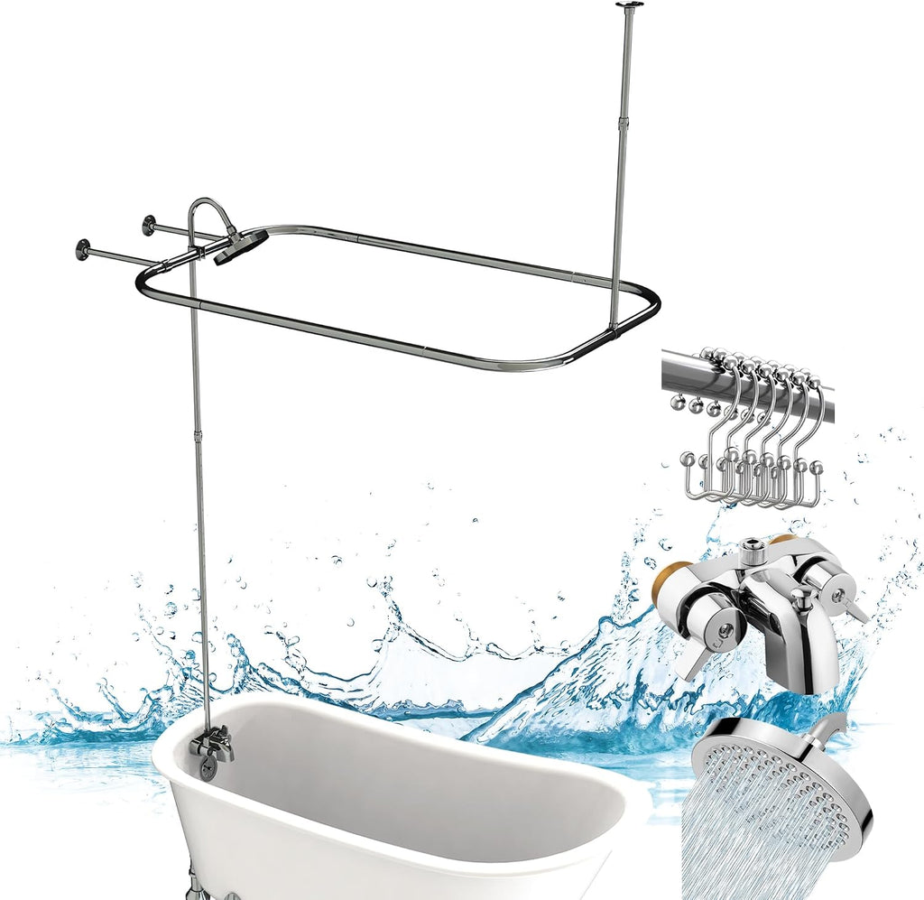 Clawfoot Tub Shower Kit, Add On Shower Units With Bathcock Diverter Faucet and 48' X 27' Rectangular Claw foot Tub Shower Curtain Rod Kit,Claw foot Tub Shower Faucet Set,Chrome Plated