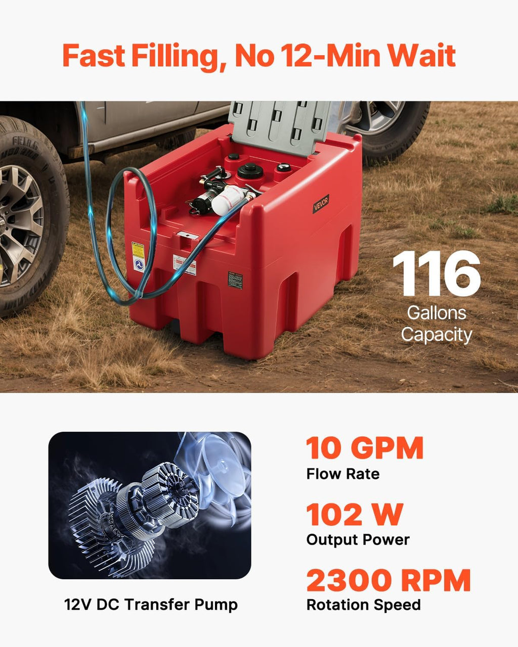 VEVOR Portable Diesel & Gasoline Tank, 116 Gallon, 10 GPM Flow Rate, Gasoline Fuel Tank with 12V Electric Transfering Pump, 13.1ft Hose, Auto Fueling Nozzle, Transfer Tank for Easy Transportation, Red
