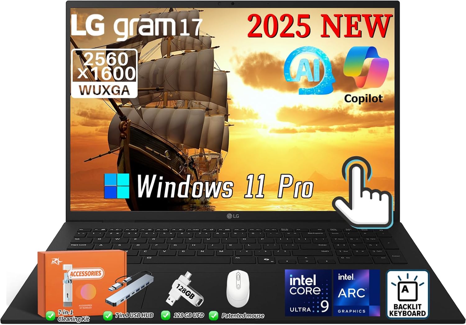 LG 2025 gram 17' Touchscreen Laptop, Copilot+ PC, Intel Evo Ultra 9-288V, 32 GB RAM, 2 TB SSD, Intel Arc Graphics, 2.5K QHD Display, Backlit Keyboard, Wi-Fi 7, Windows 11 Pro, w/Accessories