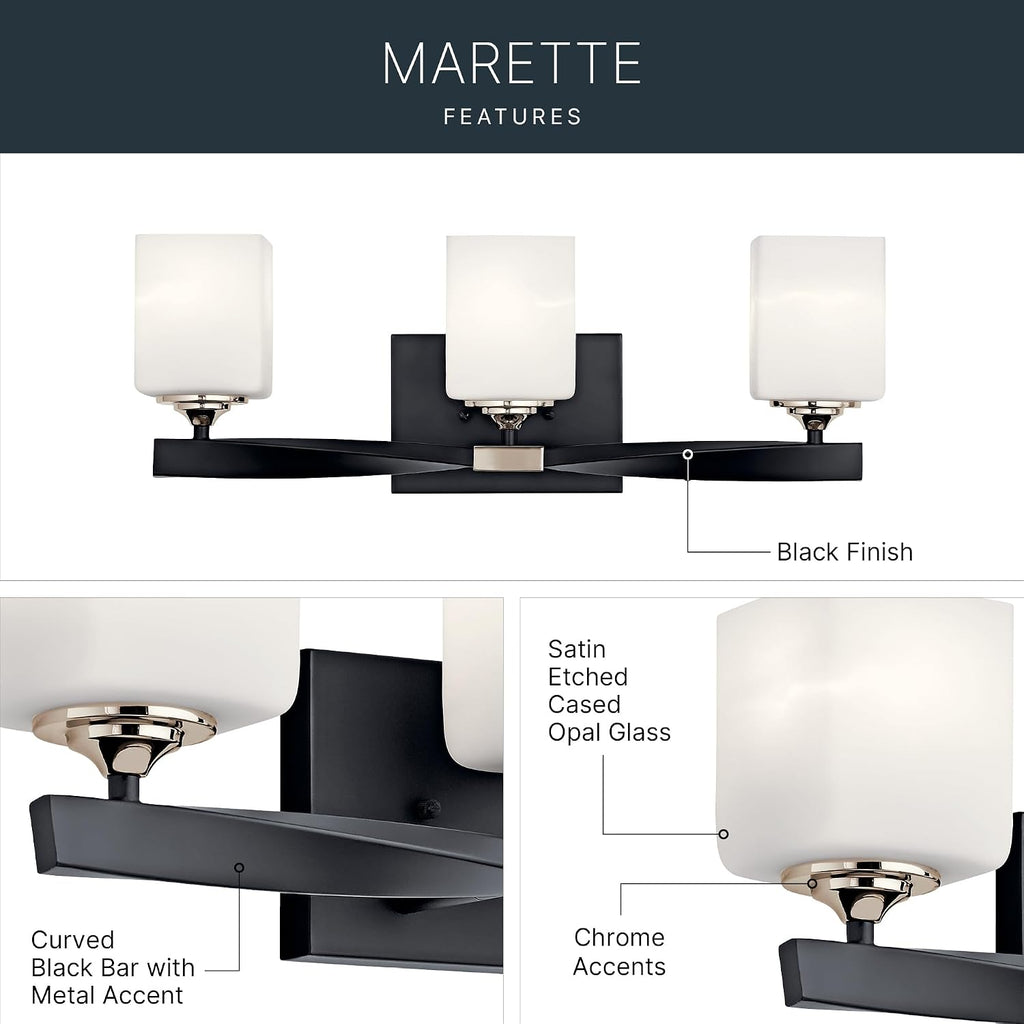 Kichler Marette 22.75' Vanity Light in Black, 3-Light Modern Bathroom Light with Satin Etched Cased Opal Glass, (22.75' W x 8' H), 55002BK