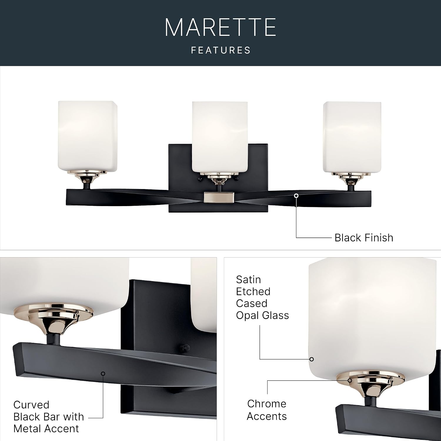 Kichler Marette 22.75' Vanity Light in Black, 3-Light Modern Bathroom Light with Satin Etched Cased Opal Glass, (22.75' W x 8' H), 55002BK