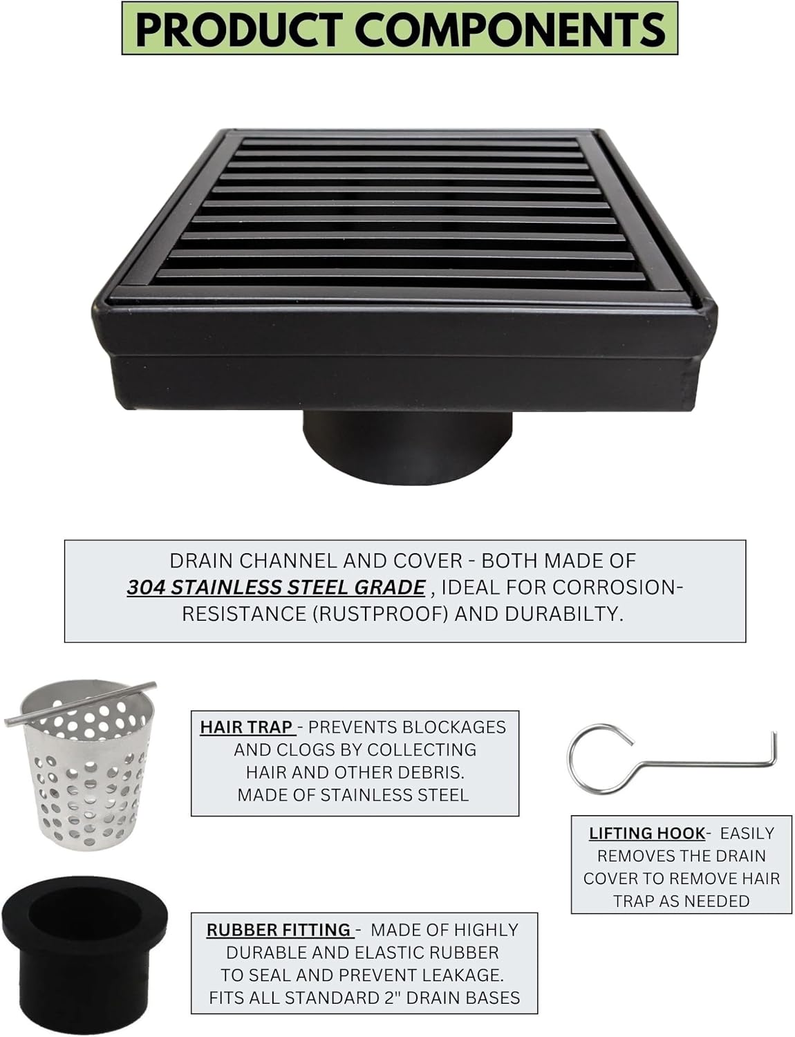 SereneDrains 304 Stainless Steel 4 Inch Square Matte Black Shower Drain Kit for Tile Floor Drain Grate Cover Hair Catcher Trap Strainer Filter (Matte Black, Linear Wedge Design)