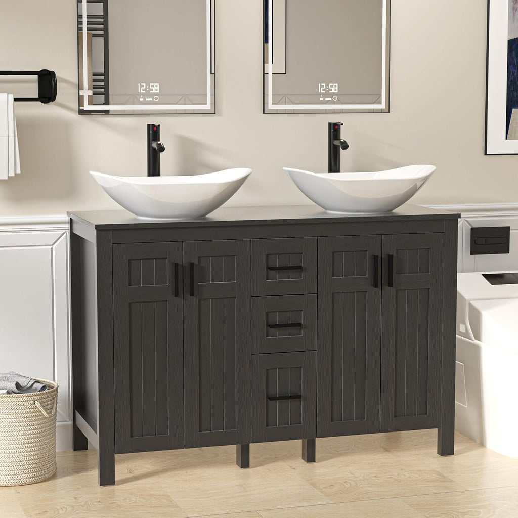 UEV 48' Bathroom Vanity with Sink Combo,Modern Freestanding Sink Cabinet with 3 Drawers,Stylish Bathroom Vanity Cabinet,Grooved Door,Metal Handles,Vessel Sink (Arch Rectangle, 48''Black)