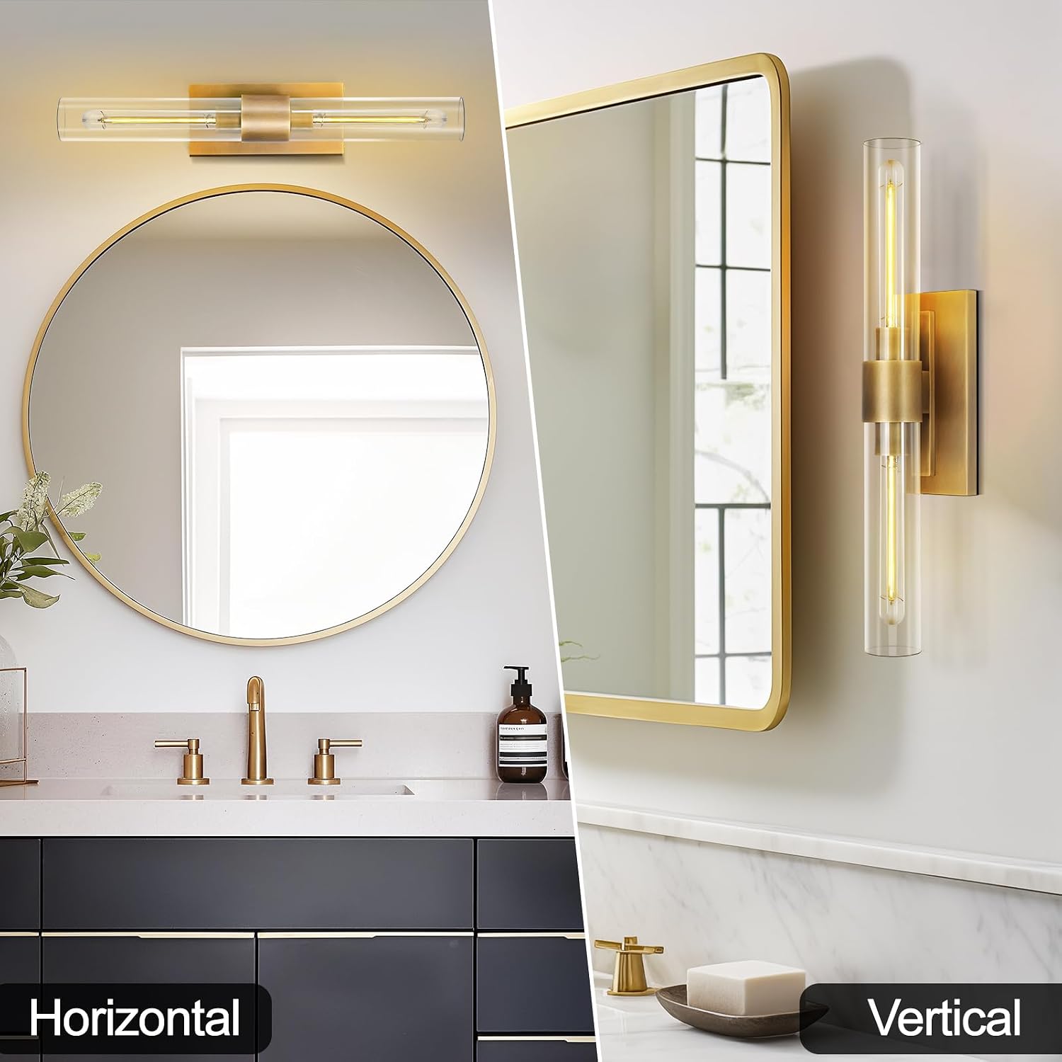 Modern Brass and Glass Wall Sconces, 24' Vanity Lights for Bathroom 2 Lights, Horizontal or Vertical Linear Wall Sconce,Indoor Sconces Wall Lighting,Bathroom Wall Sconce Set of Two