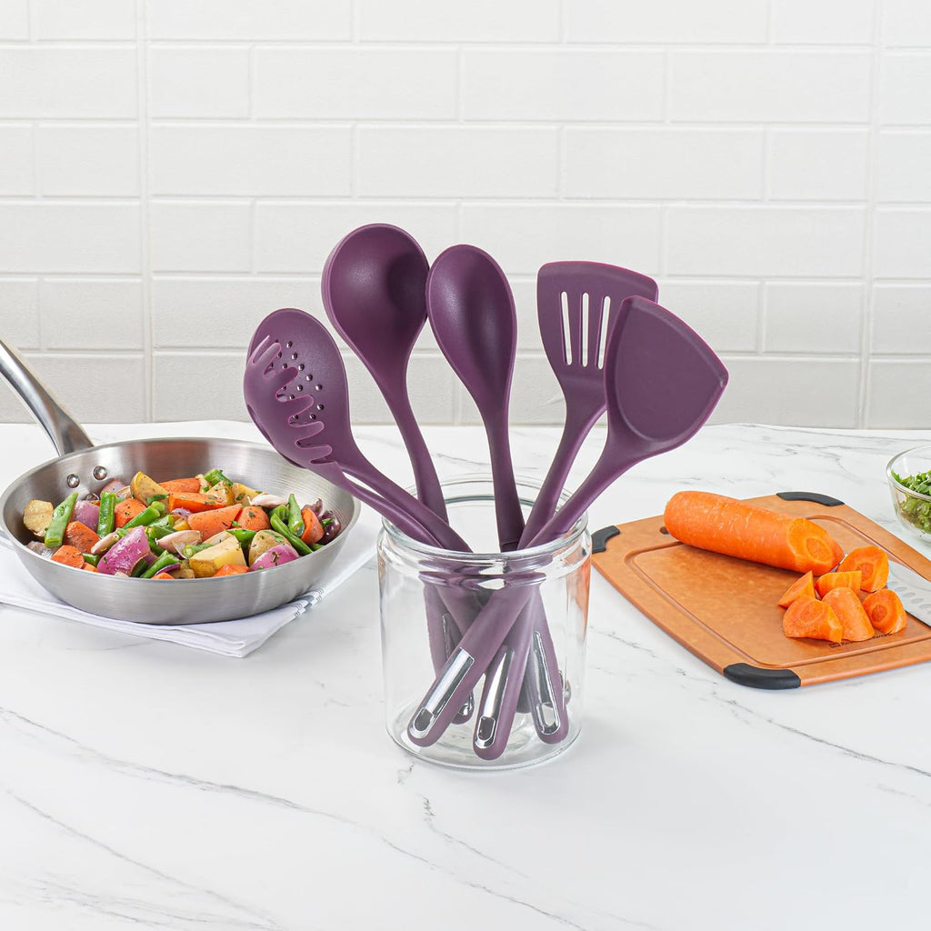 Restaurantware Silicone Utensil Set Pack of 10 Non-Slip Handle 6-Piece Kitchen Tool Set, Heat-Resistant Dishwasher-Friendly Cooking Accessories, Durable Purple Cooking Utensils