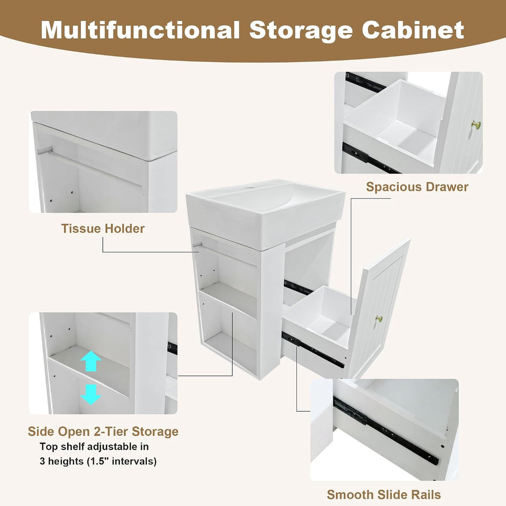 20-inch Bathroom Vanity with Sink Combo, Wall-Mounted Single Storage Cabinet with One Drawer& Left 2-Tier Storage Shelves, Wooden Vanity with Ceramic Basin for Bathroom, White