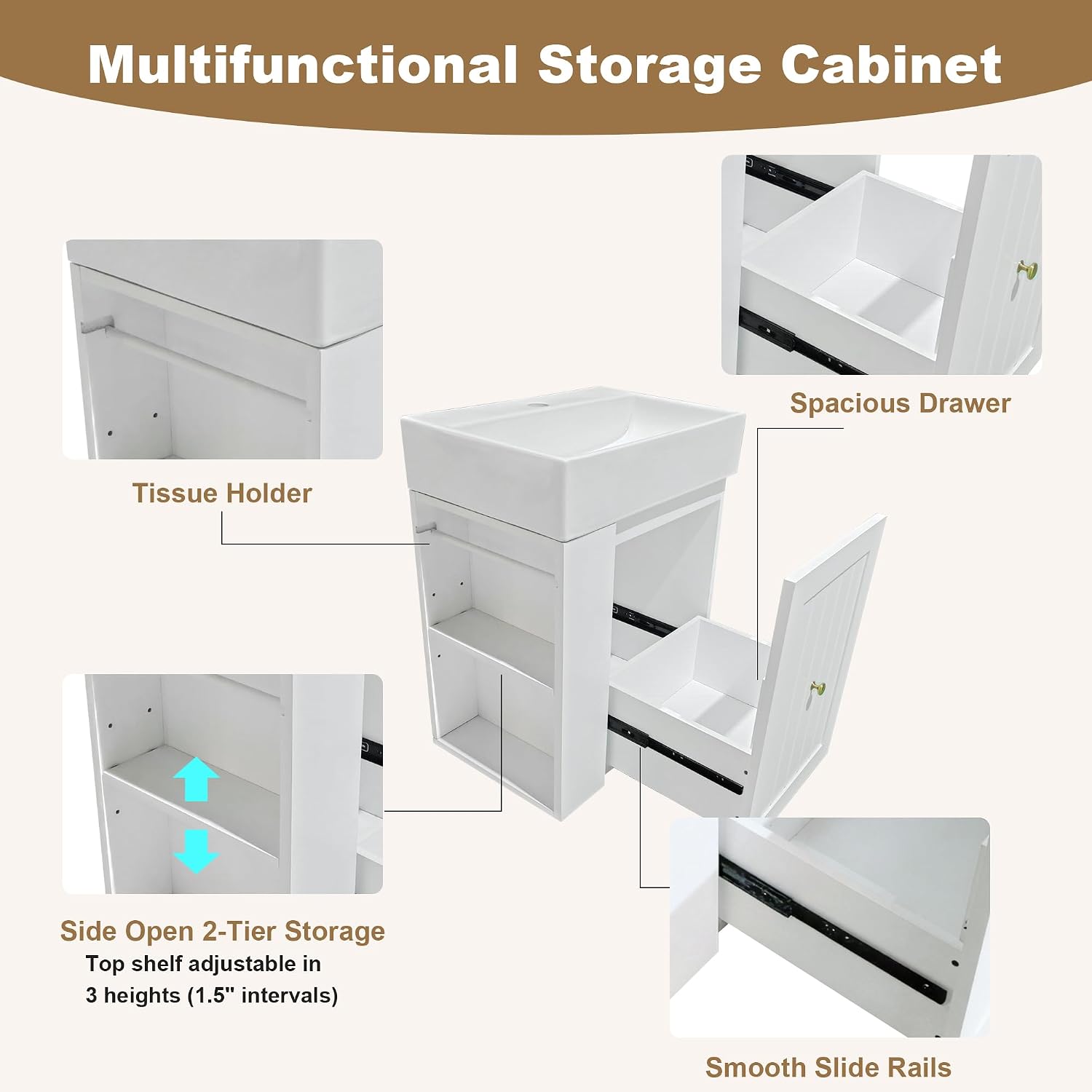 20-inch Bathroom Vanity with Sink Combo, Wall-Mounted Single Storage Cabinet with One Drawer& Left 2-Tier Storage Shelves, Wooden Vanity with Ceramic Basin for Bathroom, White