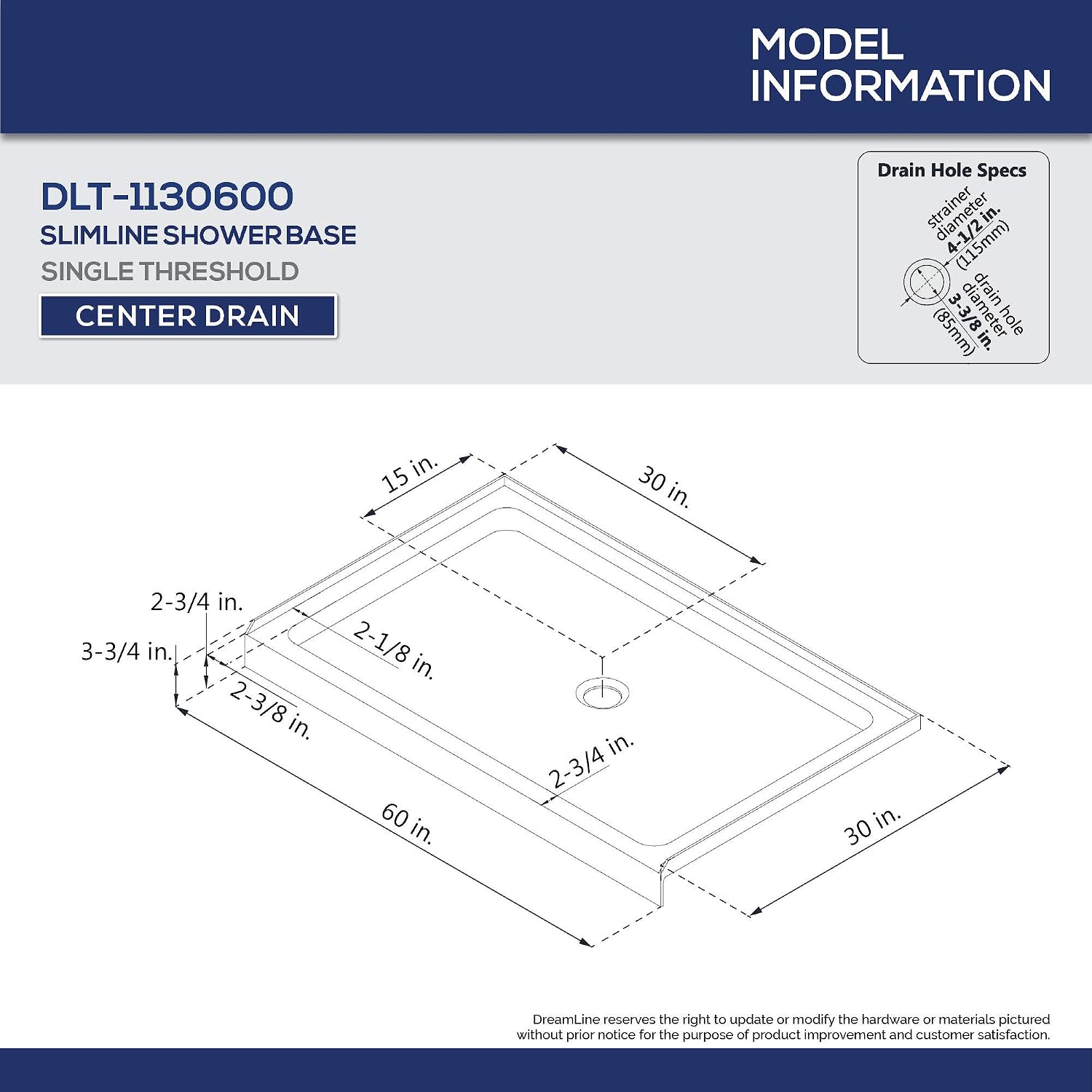 DreamLine SlimLine 30 in. D x 60 in. W x 2 3/4 in. H Center Drain Single Threshold Shower Base in Biscuit, DLT-1130600-22