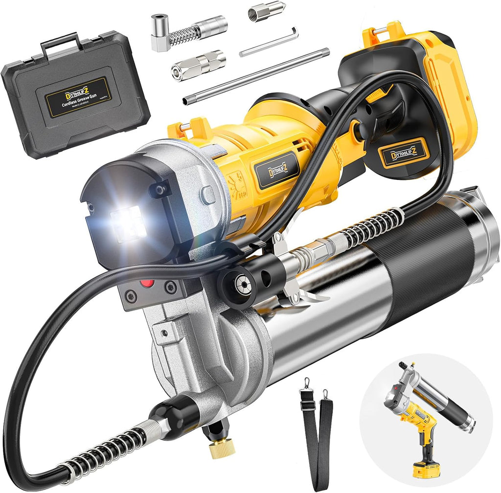 DIYtoolifz Cordless Grease Gun Compatible with DeWalt 20V Battery, 12000PSI High-Pressure with 2-in-1 Rotating Handle, 39.4' Hose & 4 Couplers for Bulk & Cartridge Grease (Tool Only)