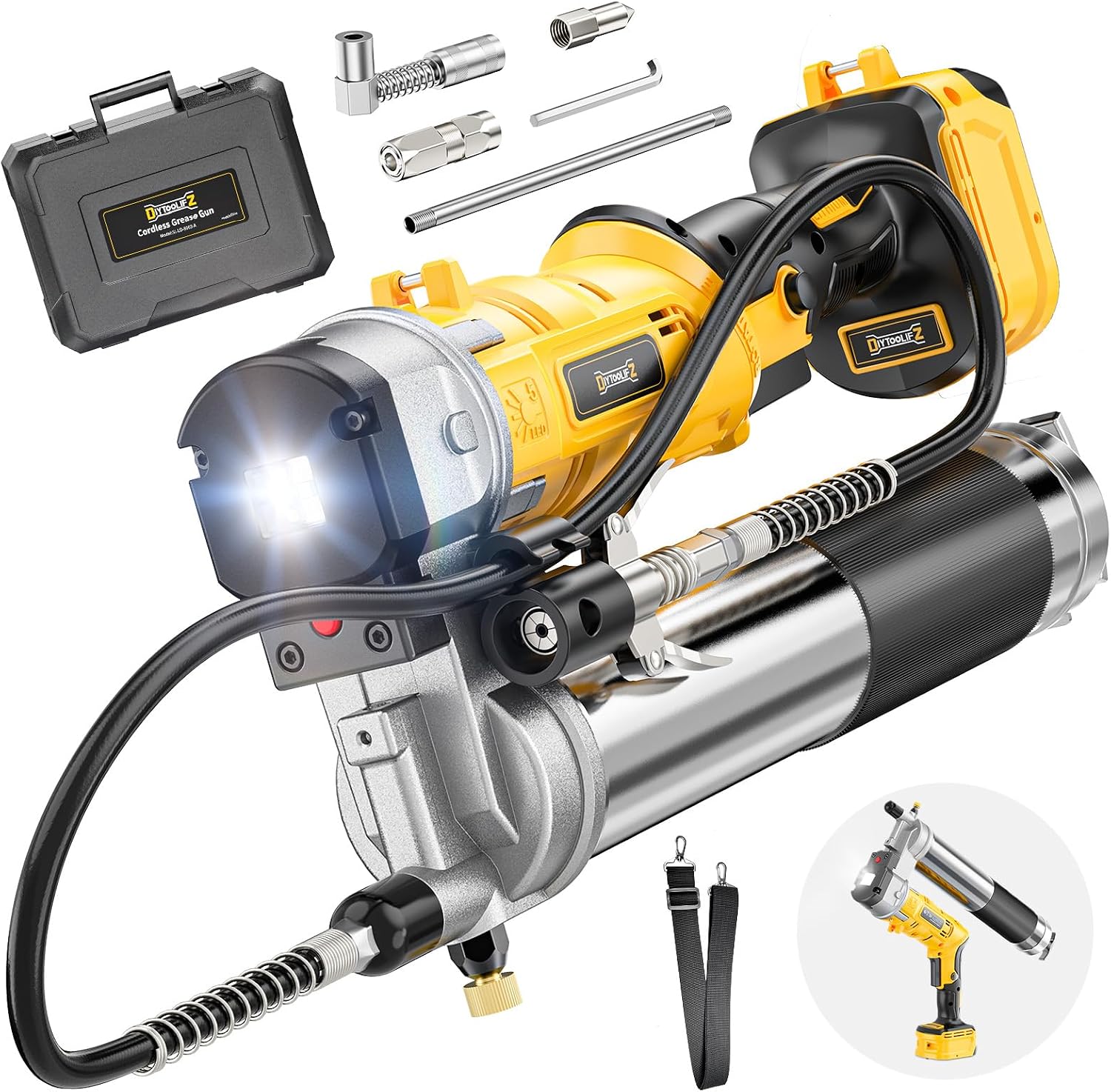 DIYtoolifz Cordless Grease Gun Compatible with DeWalt 20V Battery, 12000PSI High-Pressure with 2-in-1 Rotating Handle, 39.4' Hose & 4 Couplers for Bulk & Cartridge Grease (Tool Only)