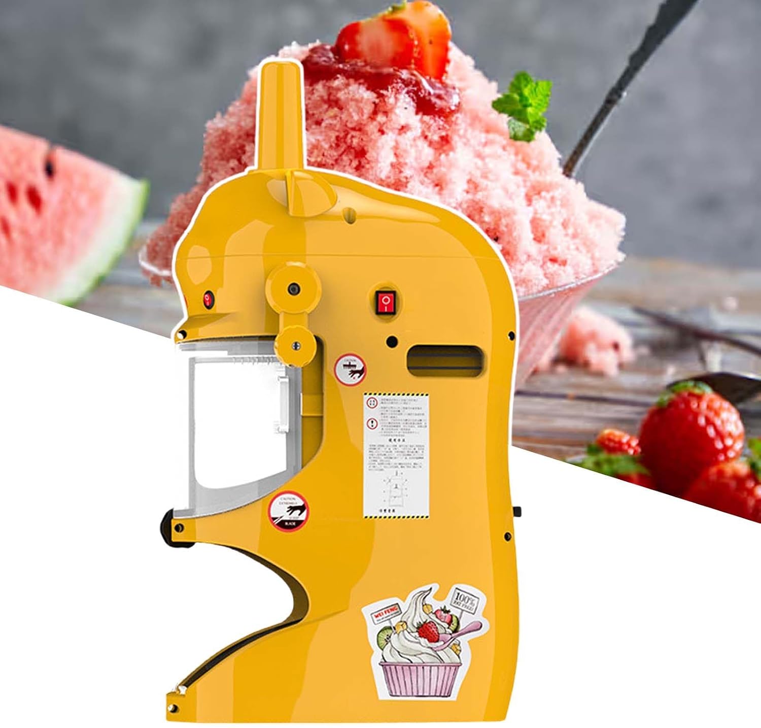 Large Capacity Ice Shaver Machine,Adjustable Thickness by Knobs,Automatic Snowflake Ice Maker,2400G Ice Bucket with Lid,Yellow