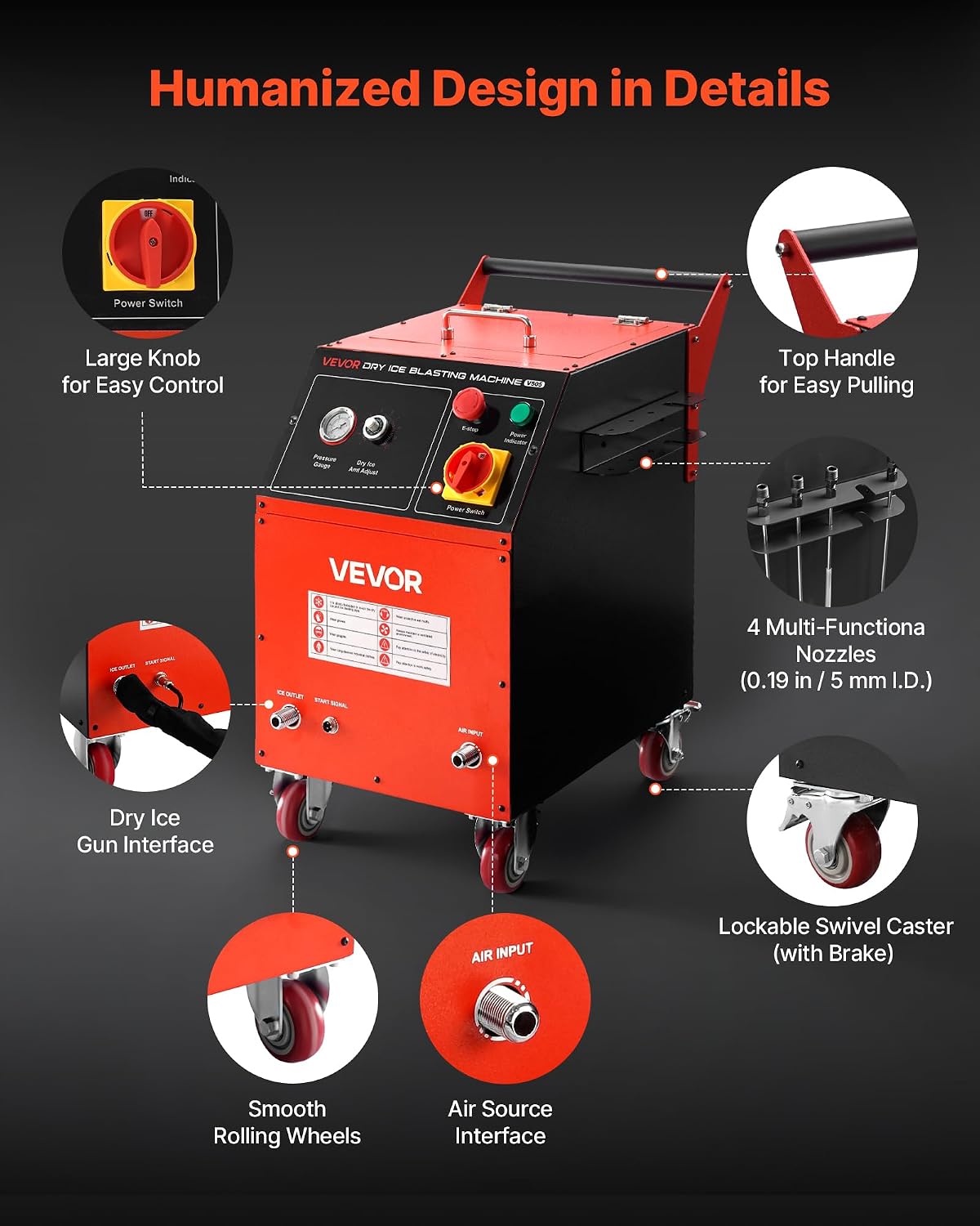 VEVOR Dry Ice Blasting Machine, 11LBS (5KG) Capacity Dry Ice Cleaning Machine with 4 Nozzles, Adjustable Pressure & Dry Ice Amount, Movable Blaster Cleaner for Automotive Ship Aviation Chemical, 120V