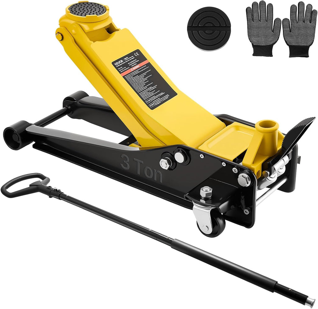 VEVOR Low Profile Floor Jack, 3 Ton (6614 lbs) Capacity, Steel Racing Floor Jack with Dual Pistons Quick Lift Pump & SUV Adapter, Hydraulic Trolley Car Lift for Sports Cars, Lifting Range 2.95'-19.7'