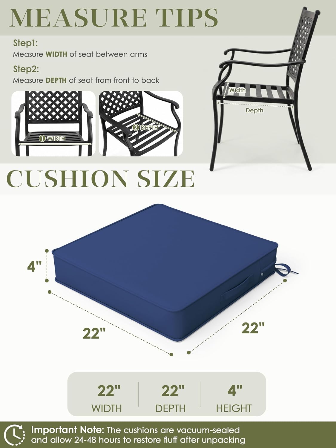 Outdoor Chair Cushions Patio Funiture Chair Seat Cushion 22 L X 22 W X 4 H Waterproof & Fade Resistant Square Sofa Couch Chair Pads with Non-Slip Bottom &Handle & Adjustable Straps Set of 6