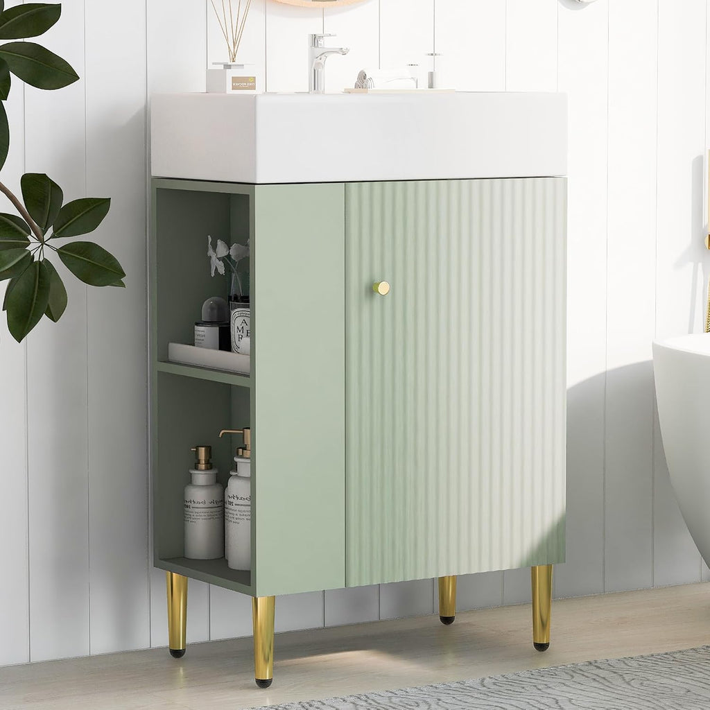 21.6-Inch Bathroom Vanity with Sink, Free Standing Vanity Cabinet with Storage Cabinet & Left Two-Tier Shelf, Solid Wood Bath Vanity Organizer with Ceramic Sink for Bathroom, Green