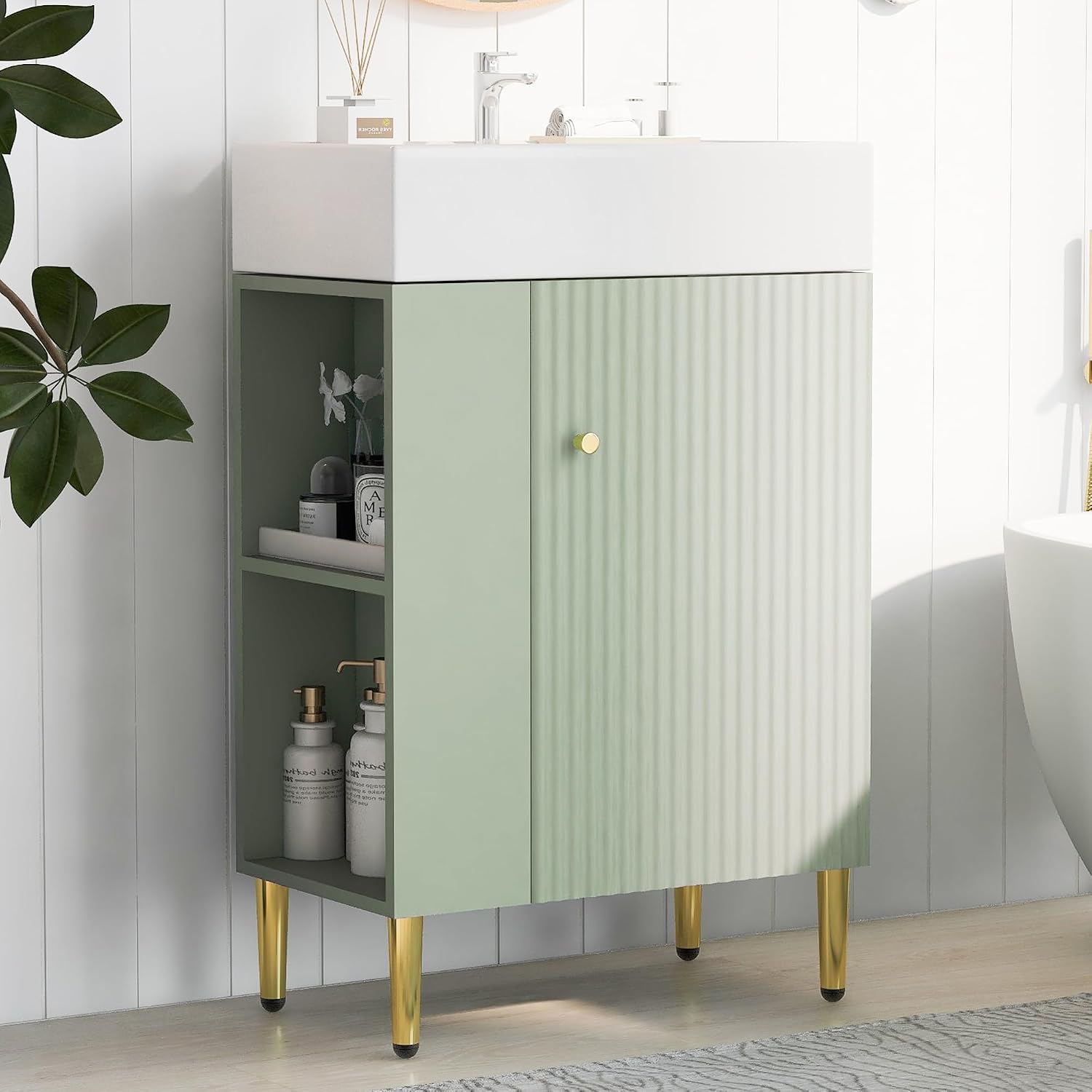 21.6-Inch Bathroom Vanity with Sink, Free Standing Vanity Cabinet with Storage Cabinet & Left Two-Tier Shelf, Solid Wood Bath Vanity Organizer with Ceramic Sink for Bathroom, Green