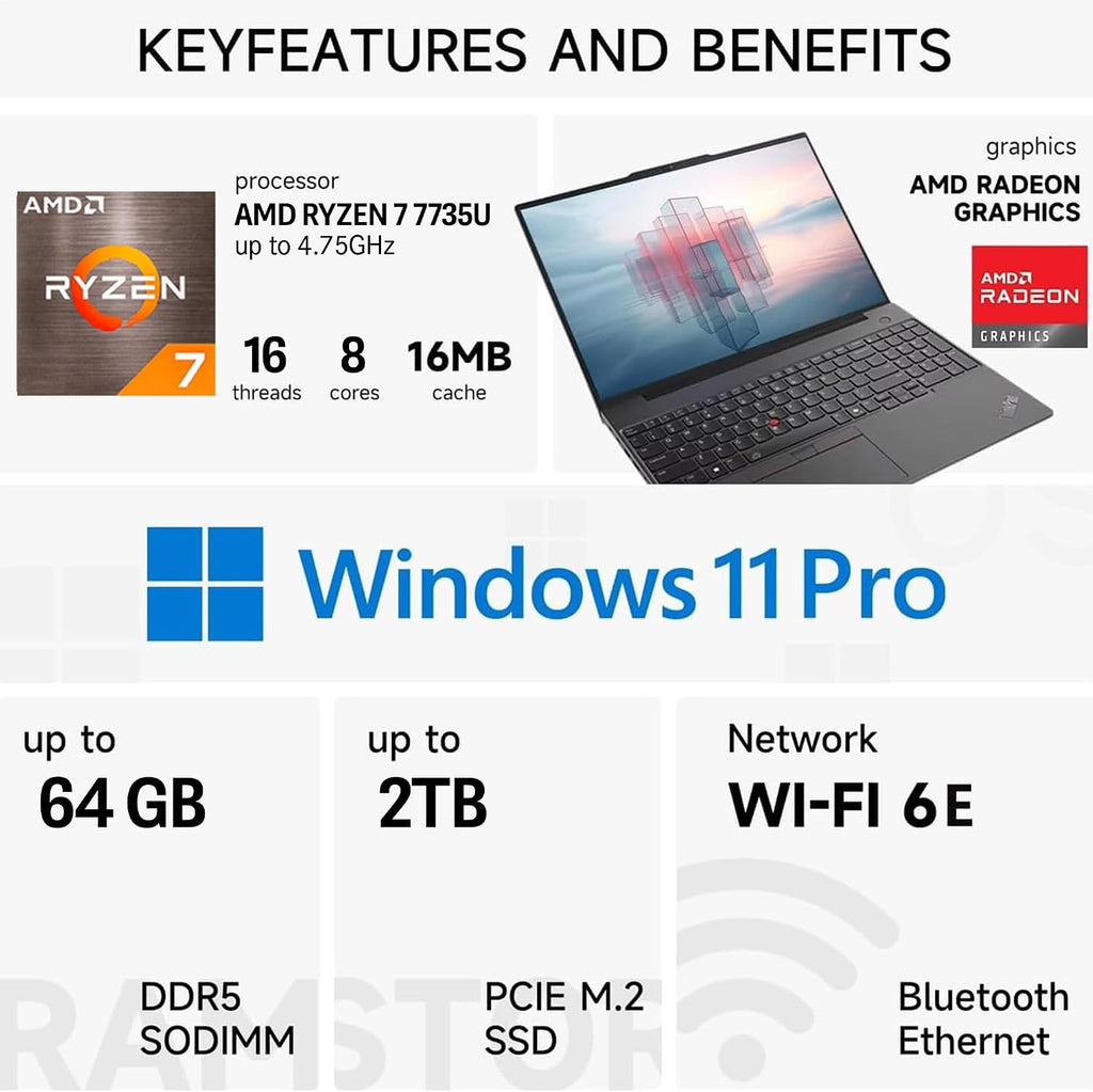 Lenovo ThinkPad E16 Gen 2 Business Laptop, 16' FHD+ Anti-Glare Touchscreen, AMD Ryzen 7 7735U, 64GB DDR5, 2TB SSD, Wi-Fi 6E, Fingerprint, Backlit, Webcam, Windows 11 Pro