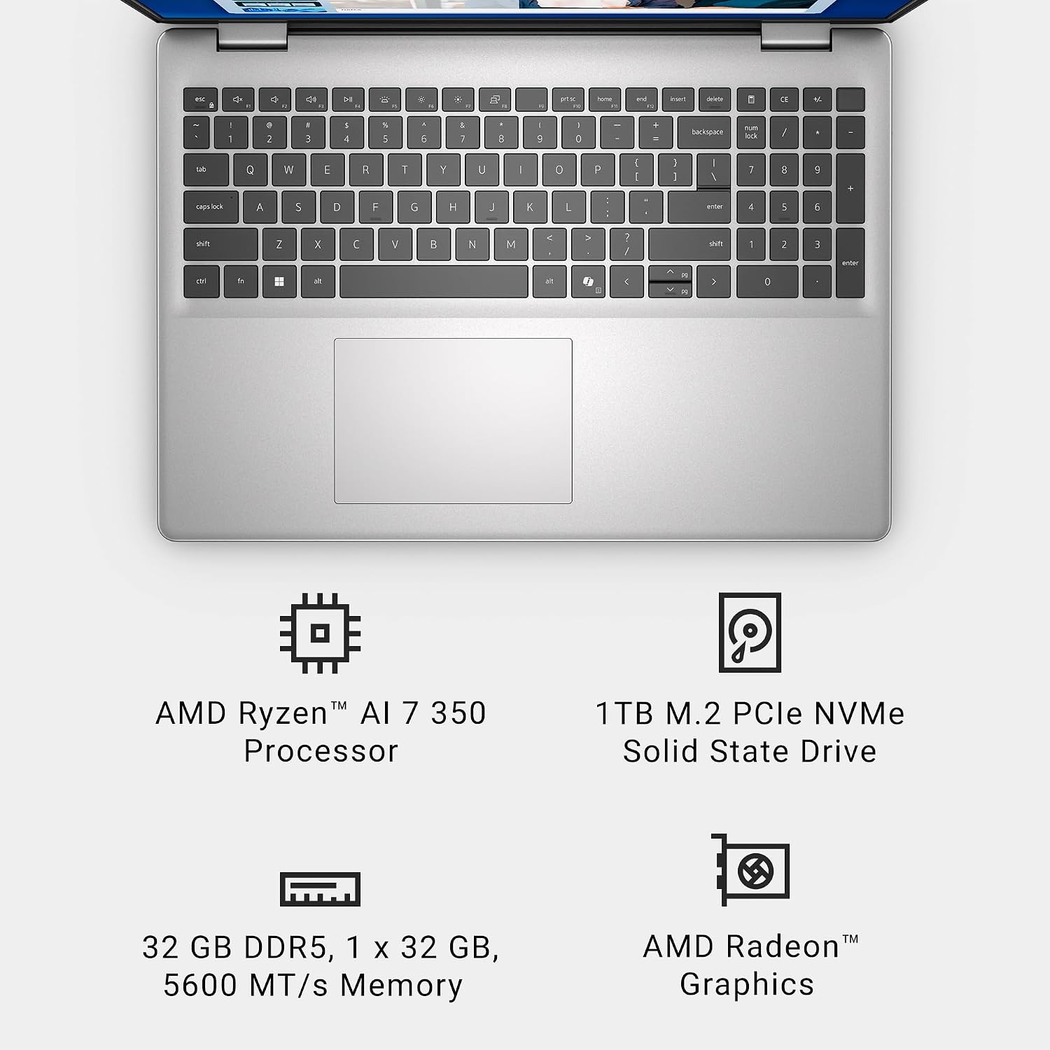 Dell 16 Laptop DC16256-16.0-inch 16:10 2K Touchscreen Display, AMD Ryzen AI 7 350 Processor, AMD Radeon Graphics, 32GB Memory, 1TB SSD, Windows 11 Home, Copilot+, Onsite Service, Platinum Silver