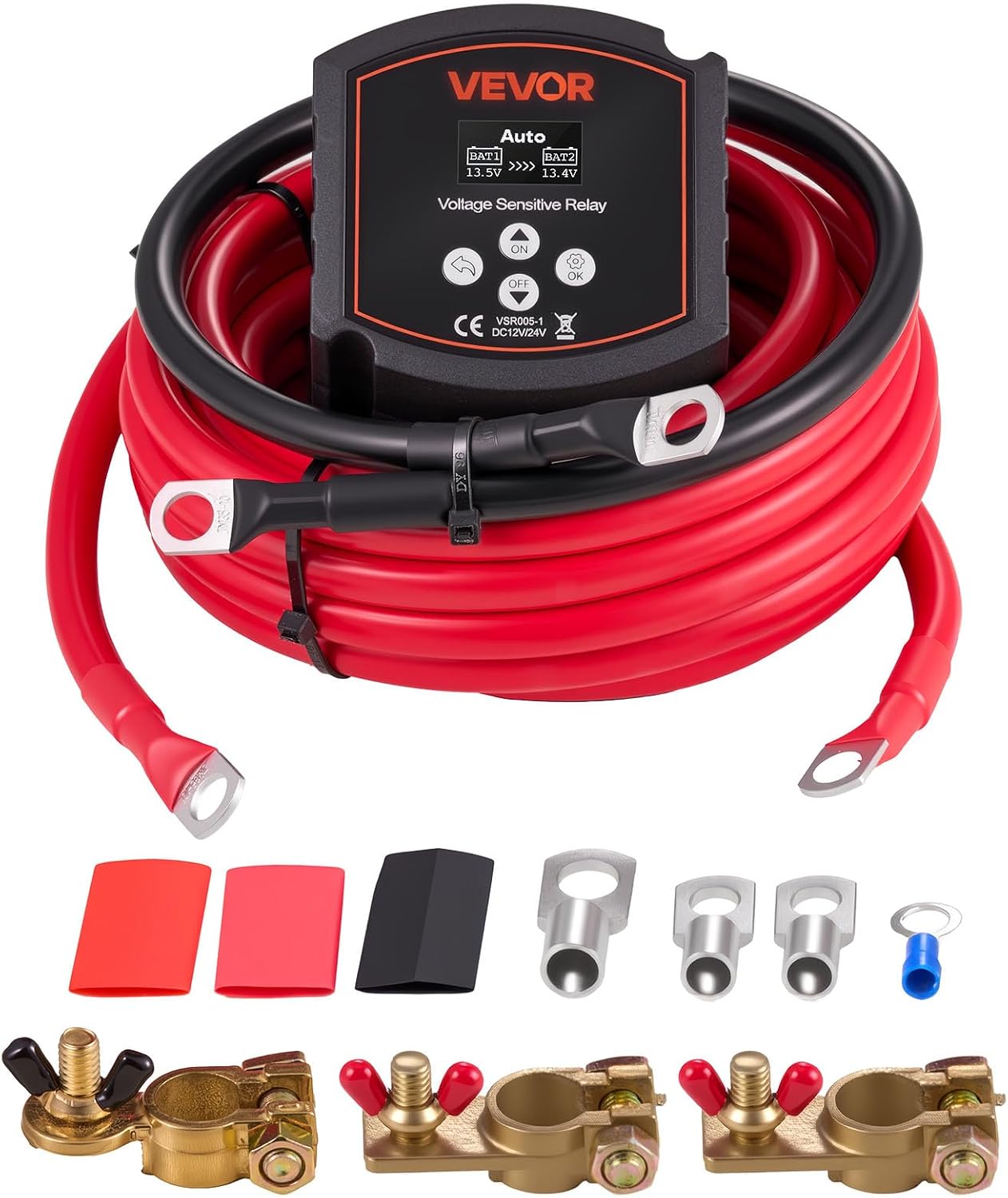 VEVOR Dual Battery Isolator Kit, 12V 300 Amp 20 ft 2AWG, Manual and Automatic VSR Voltage Sensitive Relay with Voltmeter, LCD Screen, Smart Battery Isolator, Compatible with Lithium Batteries, for UTV