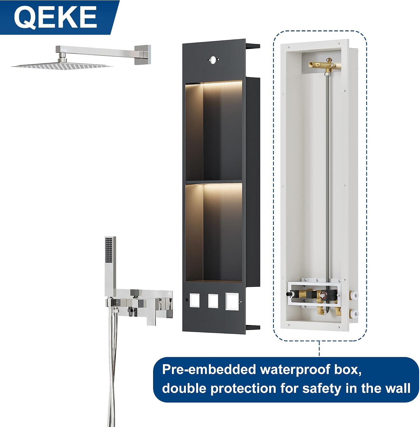 Integrated Shower Niche with Shower Head and Hand Shower, Qeke Stainless Steel Shower Tower System with Led Lights, 2-Tiers No Tile Needed Shower Niche for Bathroom in Gunmetal Black (Brushed Shower)