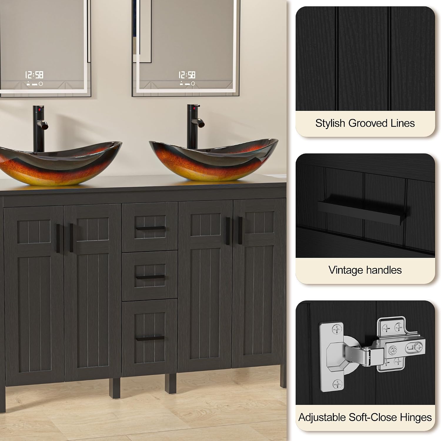 UEV 30' Bathroom Vanity with Sink Combo,Modern Freestanding Sink Cabinet with 3 Drawers,Stylish Bathroom Vanity Cabinet,Grooved Door,Metal Handles,Vessel Sink (Bronze Boat, 48''Black)