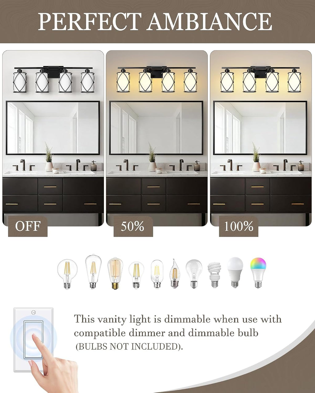 4-Light Black Bathroom Light Fixtures with Milk White Frosted Glass, 29' Modern Bathroom Vanity Lighting Fixtures Over Mirror with Metal Cage, Wall Sconce Lights for Bath, E26, CH9176BKW-4W