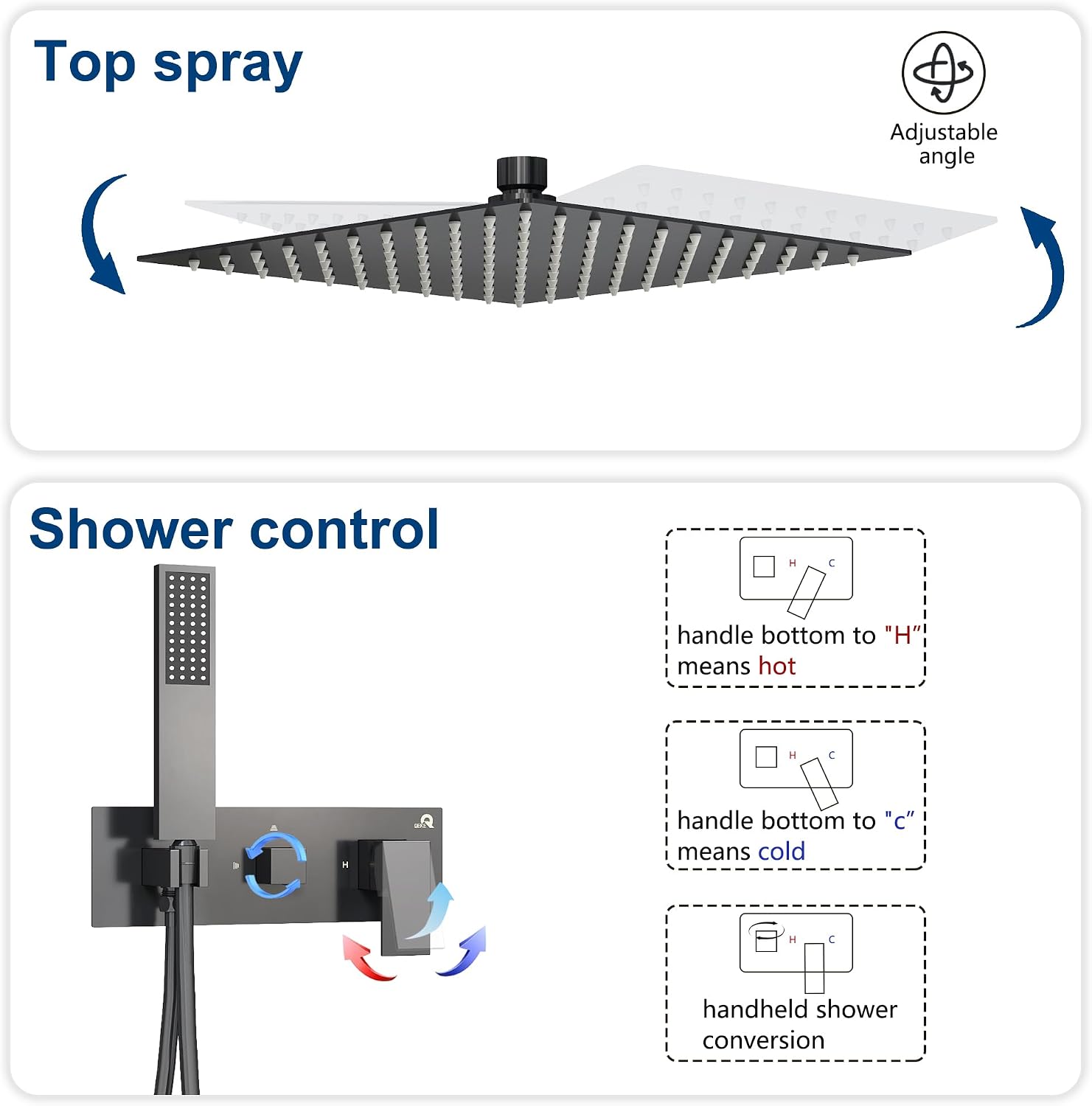 Qeke Integrated Shower Niche with Shower Head and Hand Shower, Stainless Steel Shower Tower System with Led Lights, 2-Tiers No Tile Needed Shower Niche for Bathroom in Gunmetal Black (Golden Shower)