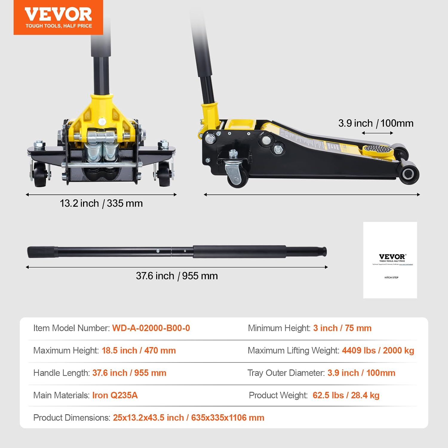 VEVOR Low Profile Floor Jack 2 Ton (4400 lbs), Heavy Duty Iron Hydraulic Racing Floor Jack, Hydraulic Car Jack, Dual Piston Quick Lift Pump, 3'-18.5' Height Lifting Range (Yellow)
