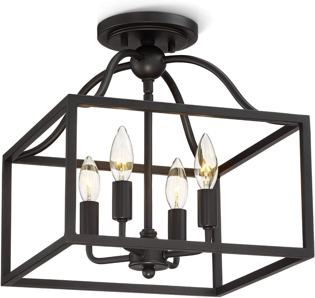 Franklin Iron Works Elle Farmhouse Rustic Close to Ceiling Light Semi-Flush Mount Fixture Black 13' Wide 4-Light Open Square Cage for House Bedroom Hallway Living Room Bathroom Dining Kitchen