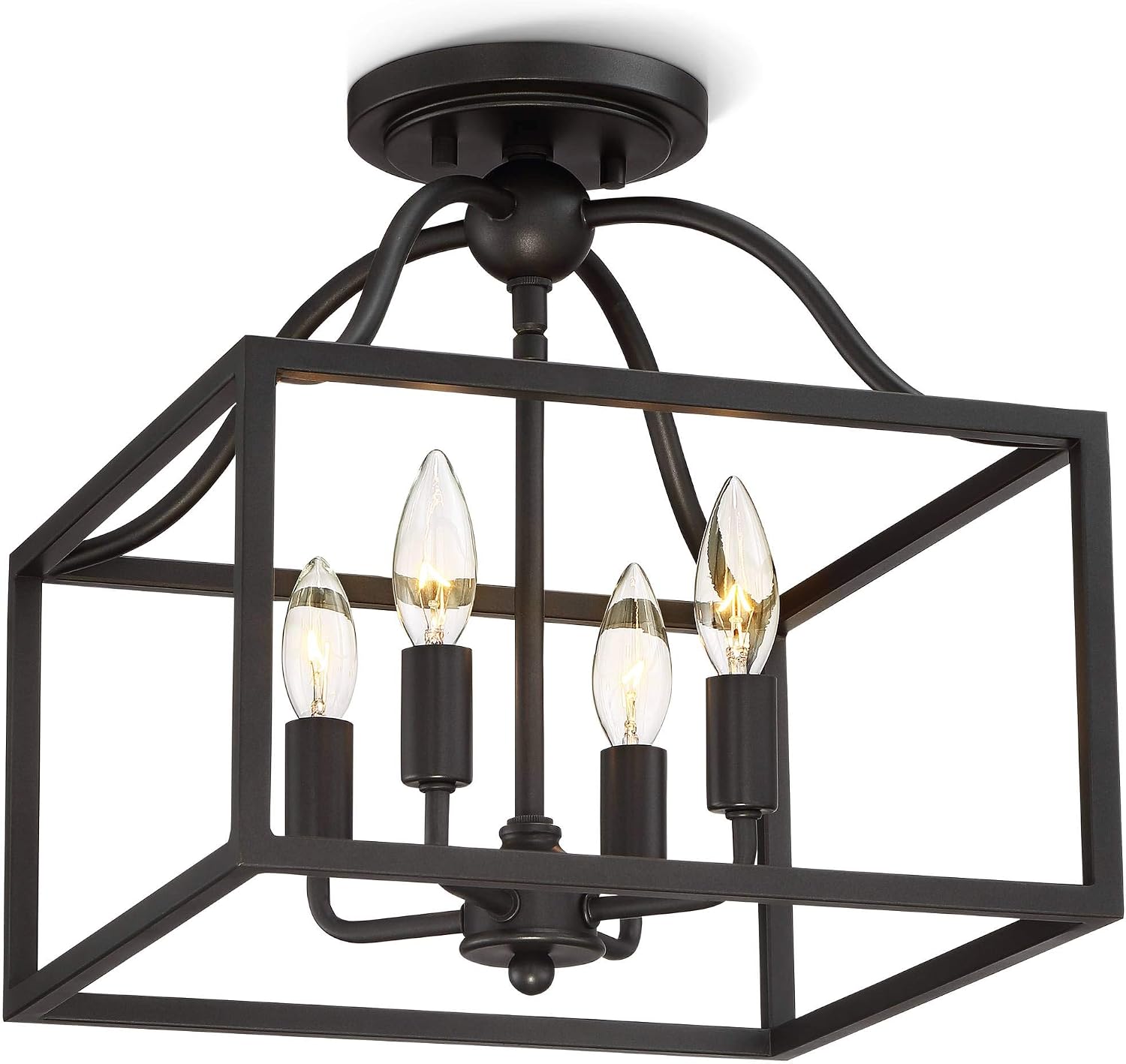 Franklin Iron Works Elle Farmhouse Rustic Close to Ceiling Light Semi-Flush Mount Fixture Black 13' Wide 4-Light Open Square Cage for House Bedroom Hallway Living Room Bathroom Dining Kitchen