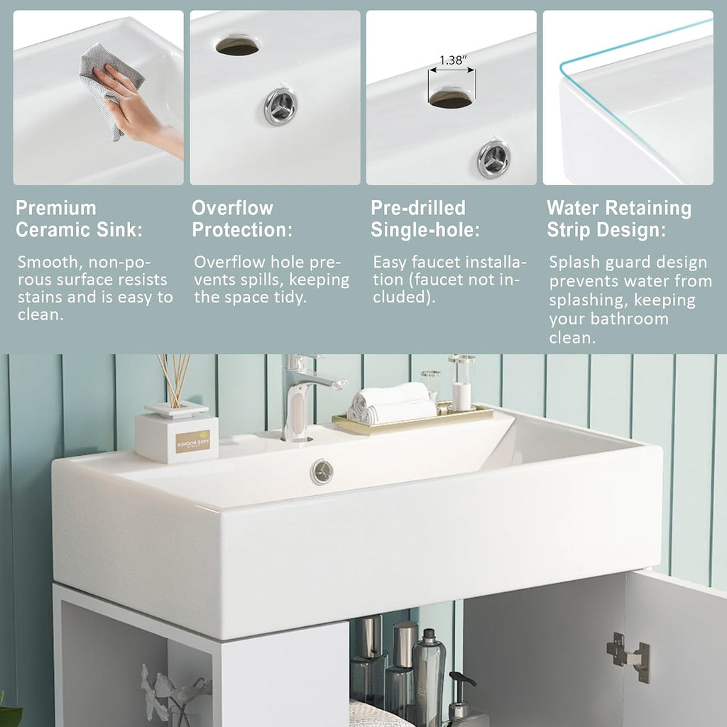 Merax 21.6' Single Sink Bathroom Vanity, Freestanding Bathroom Vanity with Open Shlef, Wood Bathroom Cabinet with Ceramic Basin Sink Top, White