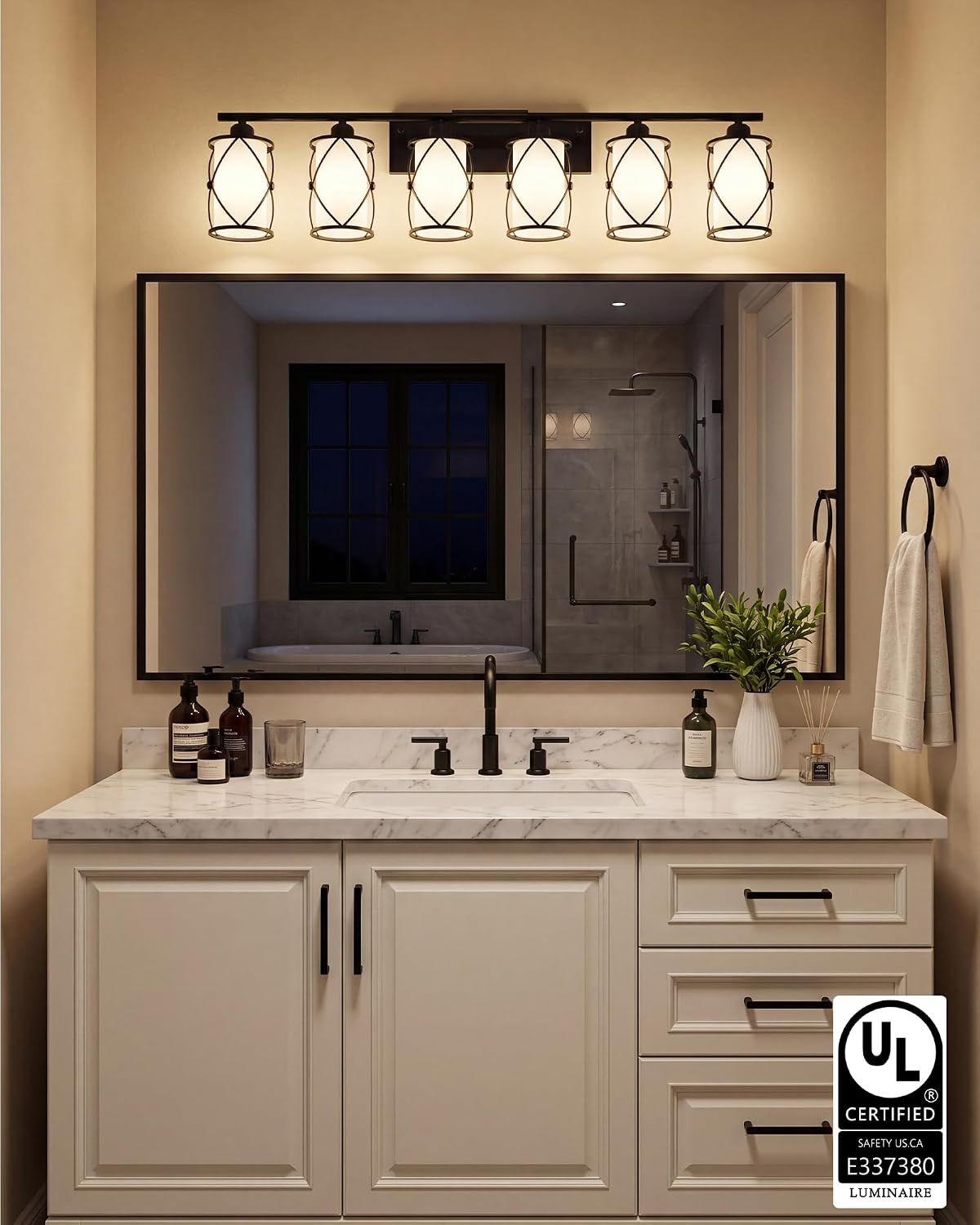 6-Light Matte Black Bathroom Light Fixtures Over Mirror, 42' UL-Listed Modern Farmhouse Wall Sconce Lights with Milk White Frosted Glass and Metal Cage for Bath, Hardwire E26, CH9176BKW-6W