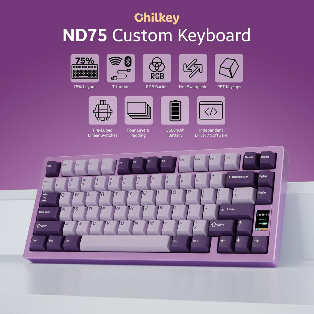 Chilkey ND75 Aluminum Keyboard 75% Percent Wireless Gaming Mechanical Keyboard with LCD Screen, Quick Assembly, BT/2.4G/USB-C, Hot Swappable Per-Key RGB Custom Purple Key Board for Laptop Office PC