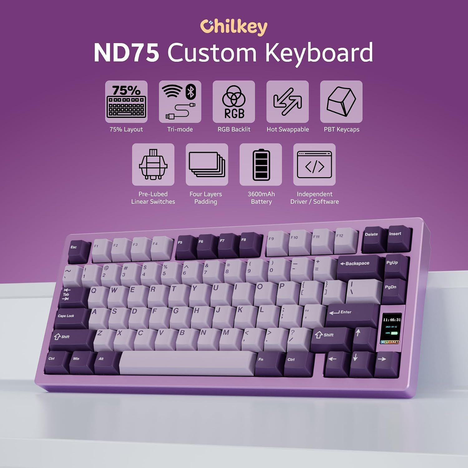 Chilkey ND75 Aluminum Keyboard 75% Percent Wireless Gaming Mechanical Keyboard with LCD Screen, Quick Assembly, BT/2.4G/USB-C, Hot Swappable Per-Key RGB Custom Purple Key Board for Laptop Office PC