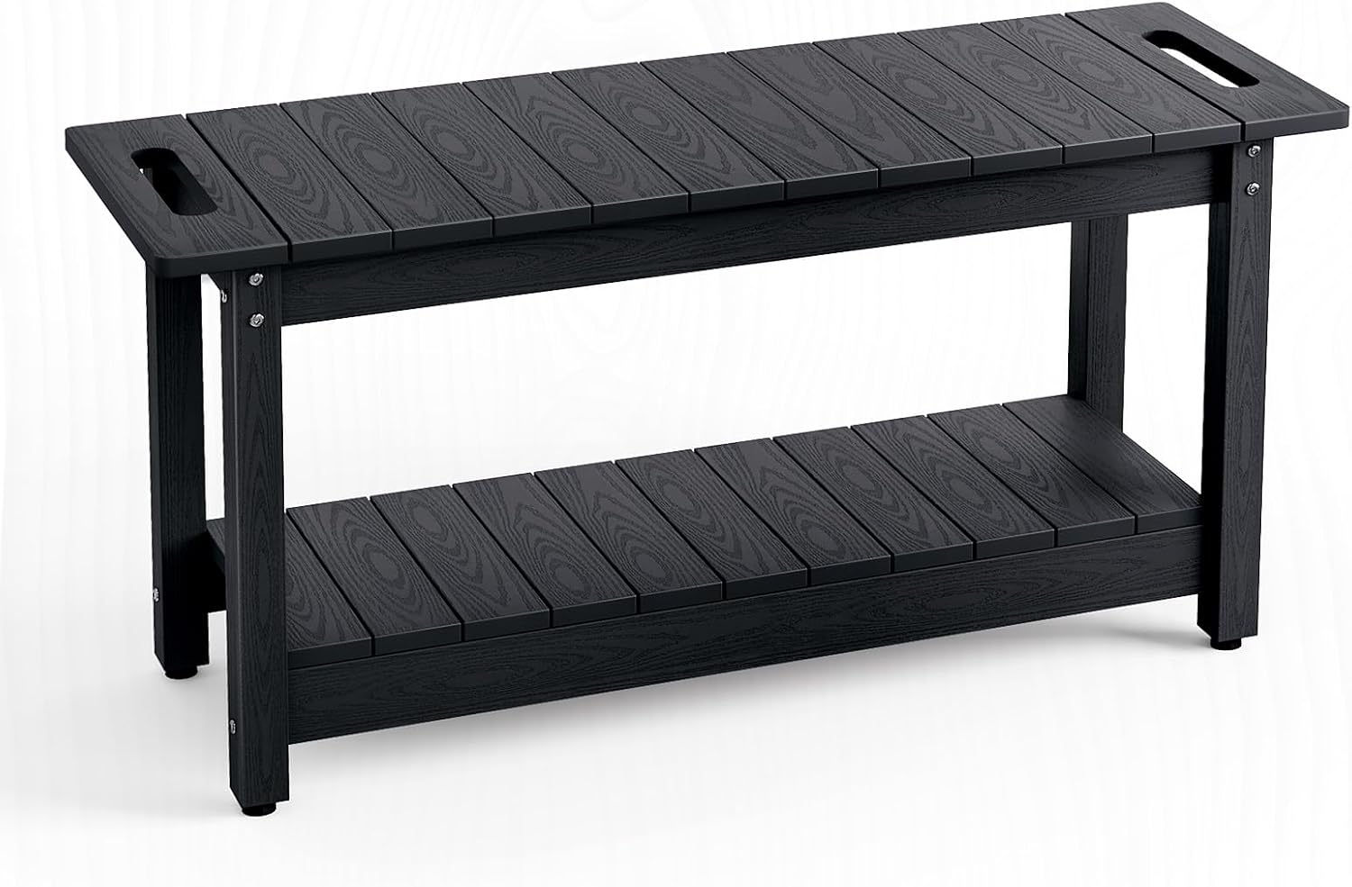 Stoog 35.5' Large Shower Bench, Waterproof Shower Stool with Storage Shelf and Handles, Adjustable and Non-Slip Feet, Shower Chair for Inside Shower, Black