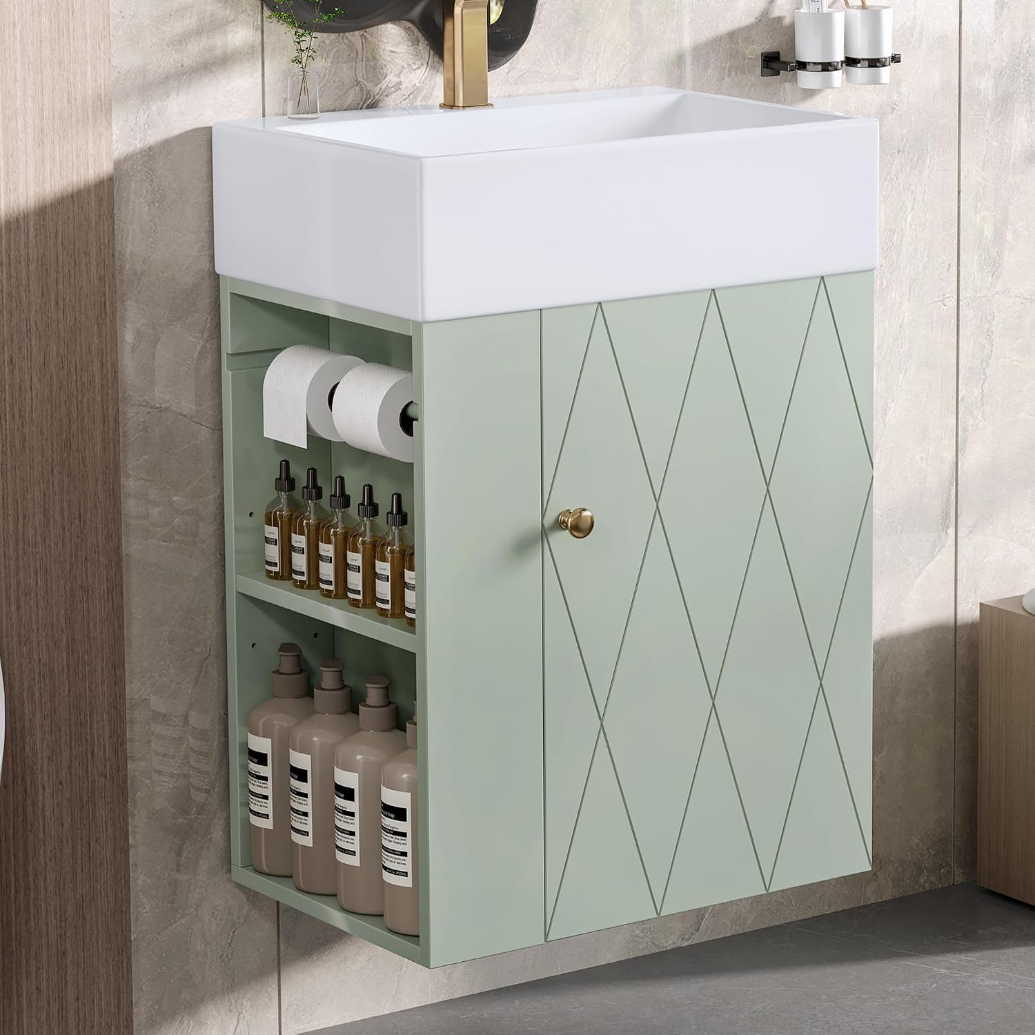 20-inch Bathroom Vanity with Sink Combo, Wall-Mounted Single Storage Cabinet with One Cabinet & Left 2-Tier Storage Shelves, Wooden Vanity with Ceramic Basin for Bathroom, Green