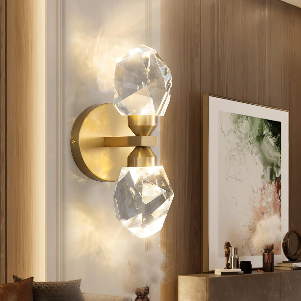 HAIXIANG 2 Packs Wall Sconces - Gold Modern Crystal Vanity Lighting for Dining Room, Bedroom, Living Room, Entryway, Bathroom - Wall Mount Lighting Fixture - Warm Light