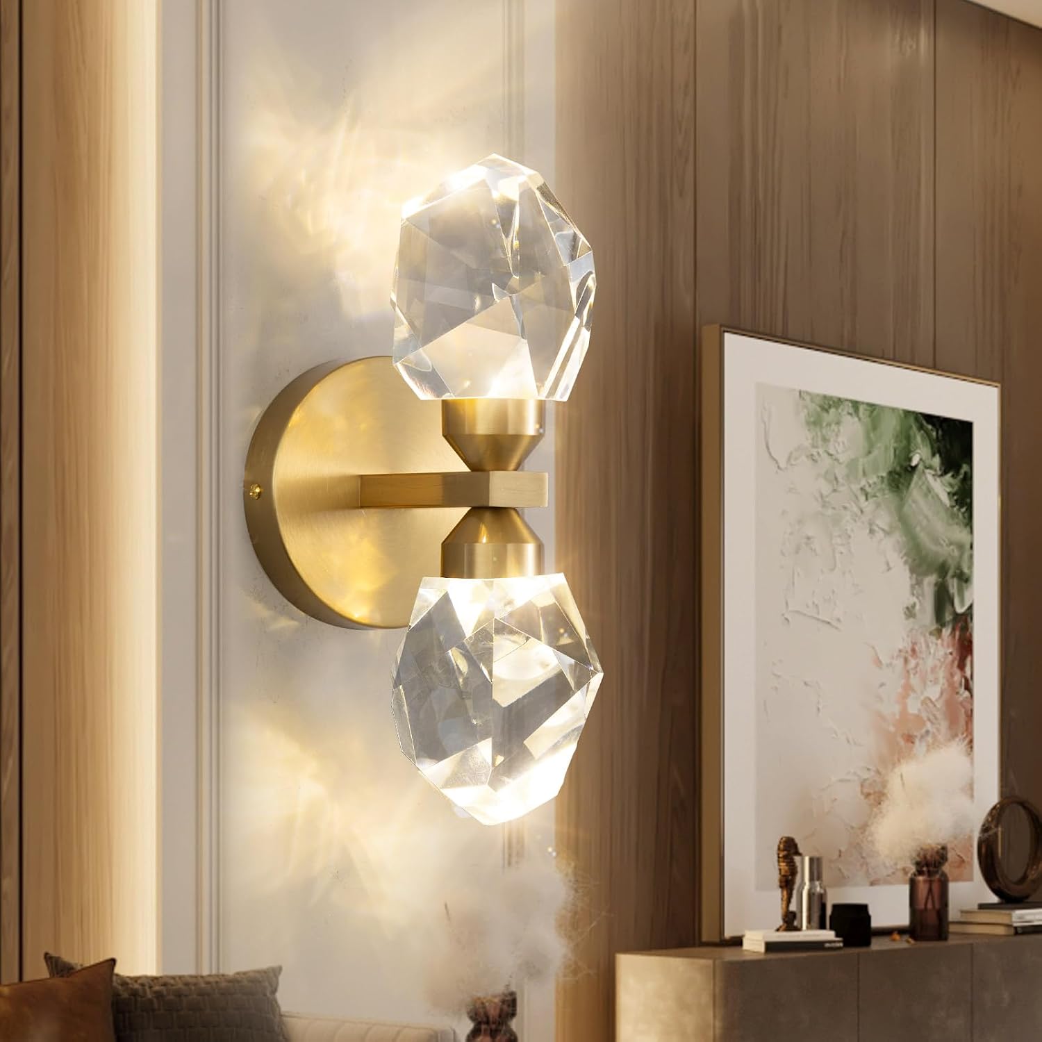 HAIXIANG 2 Packs Wall Sconces - Gold Modern Crystal Vanity Lighting for Dining Room, Bedroom, Living Room, Entryway, Bathroom - Wall Mount Lighting Fixture - Warm Light