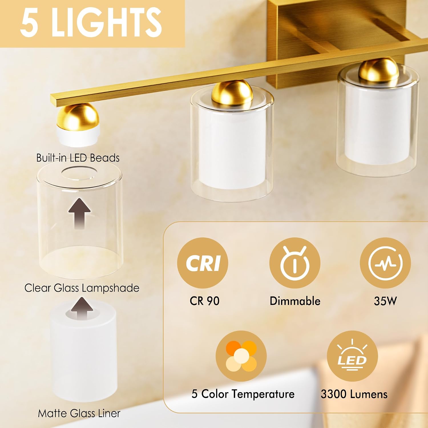 Quntis Gold Bathroom Light Fixtures, 5 Light Modern Vanity Lights Over Mirror, 5 Colors & Stepless Dimmable LED Bathroom Lighting with Milk White Frosted Glass, 33 Inch (Bulbs Included)