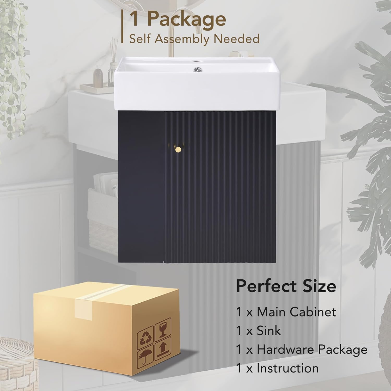 21.6-inch Bathroom Vanity with Sink, Wall-Mounted Vanity Cabinet with Storage Cabinet & Left Two-Tier Shelf, Solid Wood Bath Vanity Organizer with Ceramic Sink for Bathroom, Black