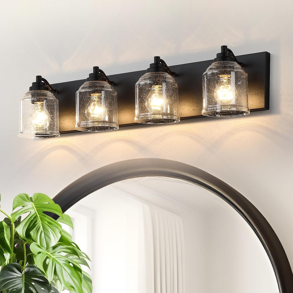 Vanity Lights for Bathroom Large 31.5', Farmhouse Rustic Vanity Light with Bubble Glass Shades, Black 4 Light Bathroom Lighting Fixtures Over Mirror, Bath Wall Sconce Home Decor