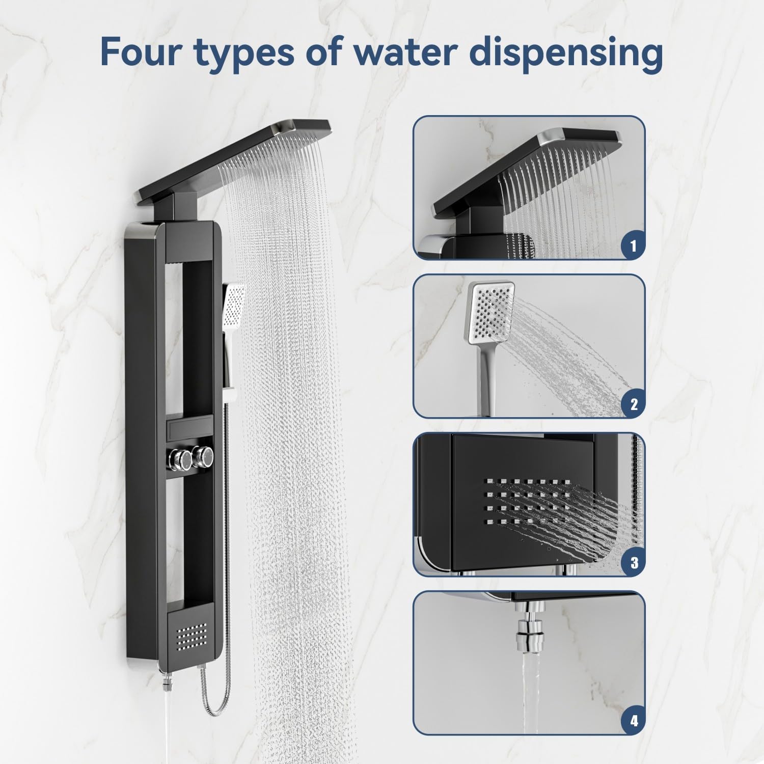 ELLO&ALLO Shower Panel Tower System with Shelf, Rainfall Shower Head and Rain Massage System with Body Jets, Stainless Steel Bathroom Fixtures, Black&Chrome